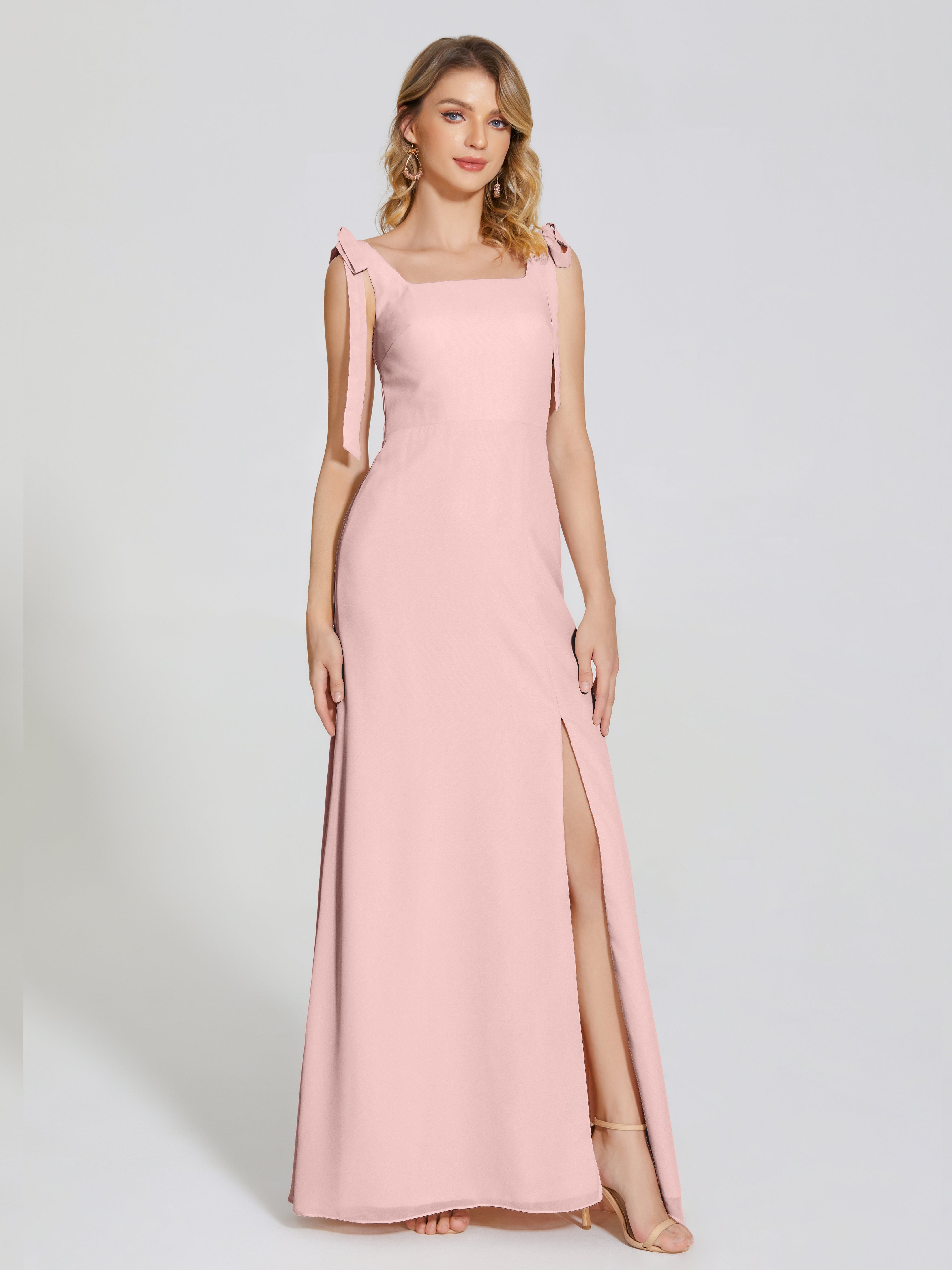 Dusty Rose Pink Bridesmaid Dress Michelle Elegant Square Neckline Chif