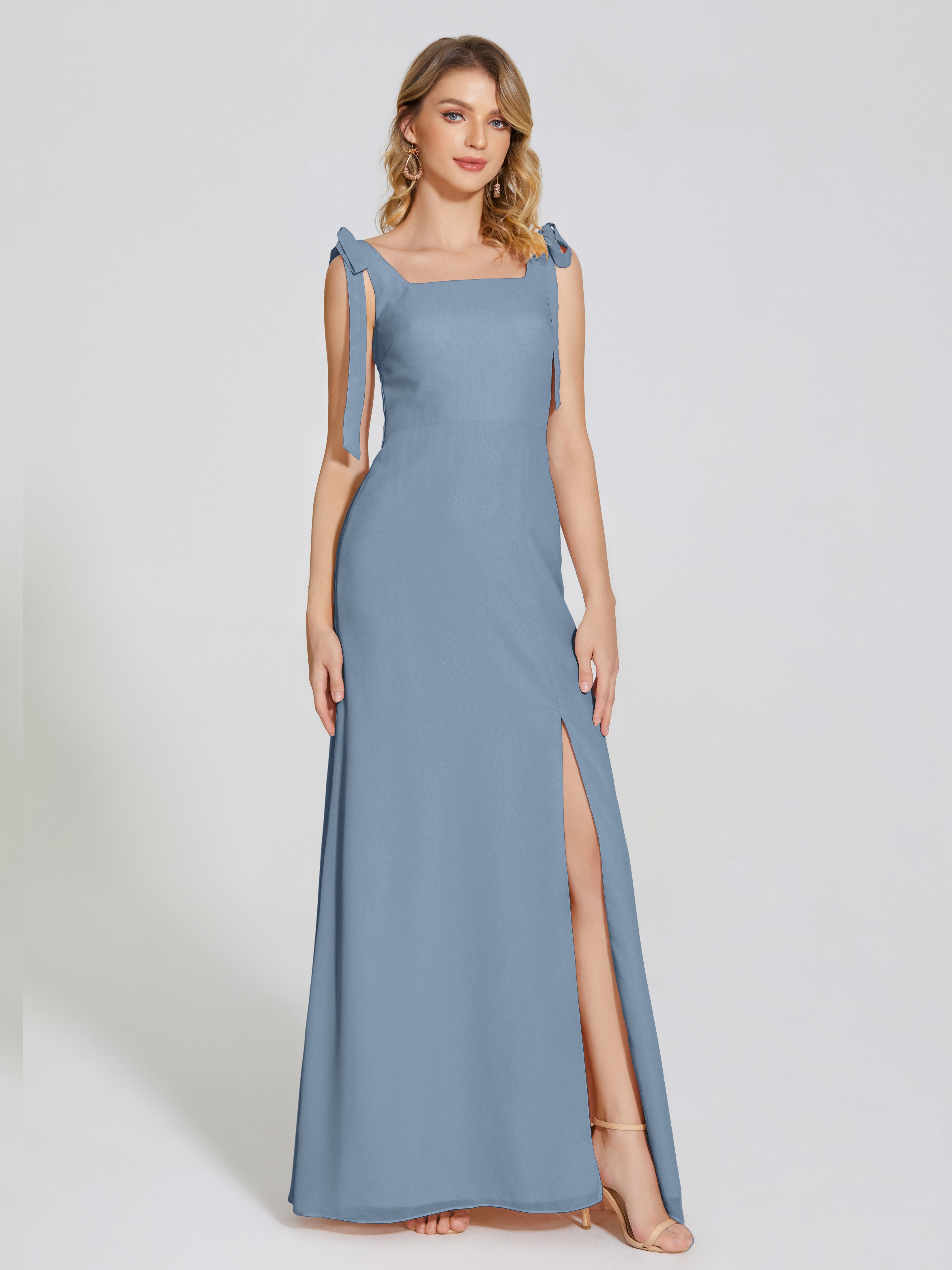 Blue Slate Bridesmaid Dresses Michelle Elegant Square Neckline Chiffon