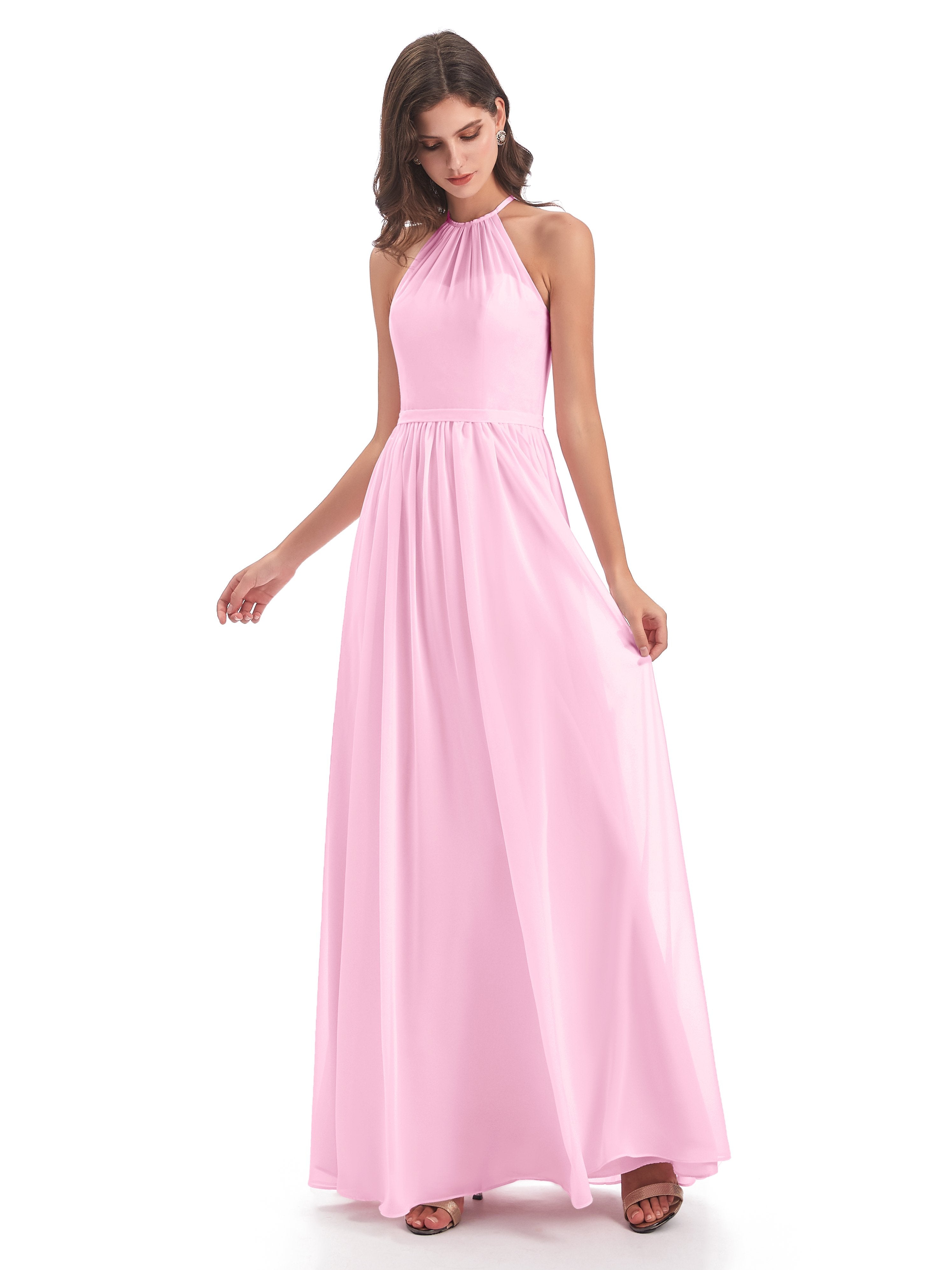 Cotton Candy Pink Bridesmaid Dresses Micah Dazzling Chiffon Halter Flo