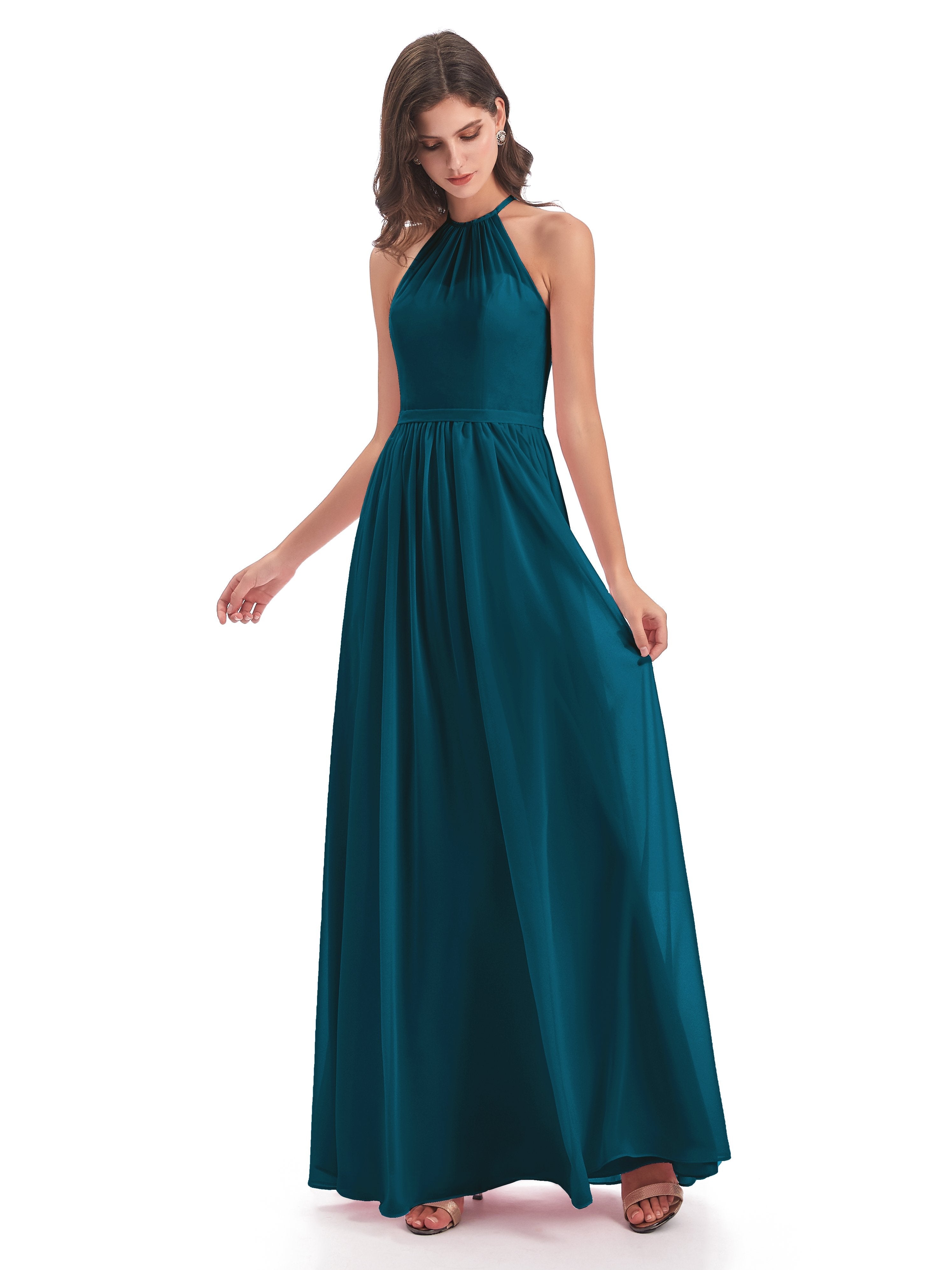 Ink Blue Bridesmaid Dresses Micah Dazzling Chiffon Halter Floor Length