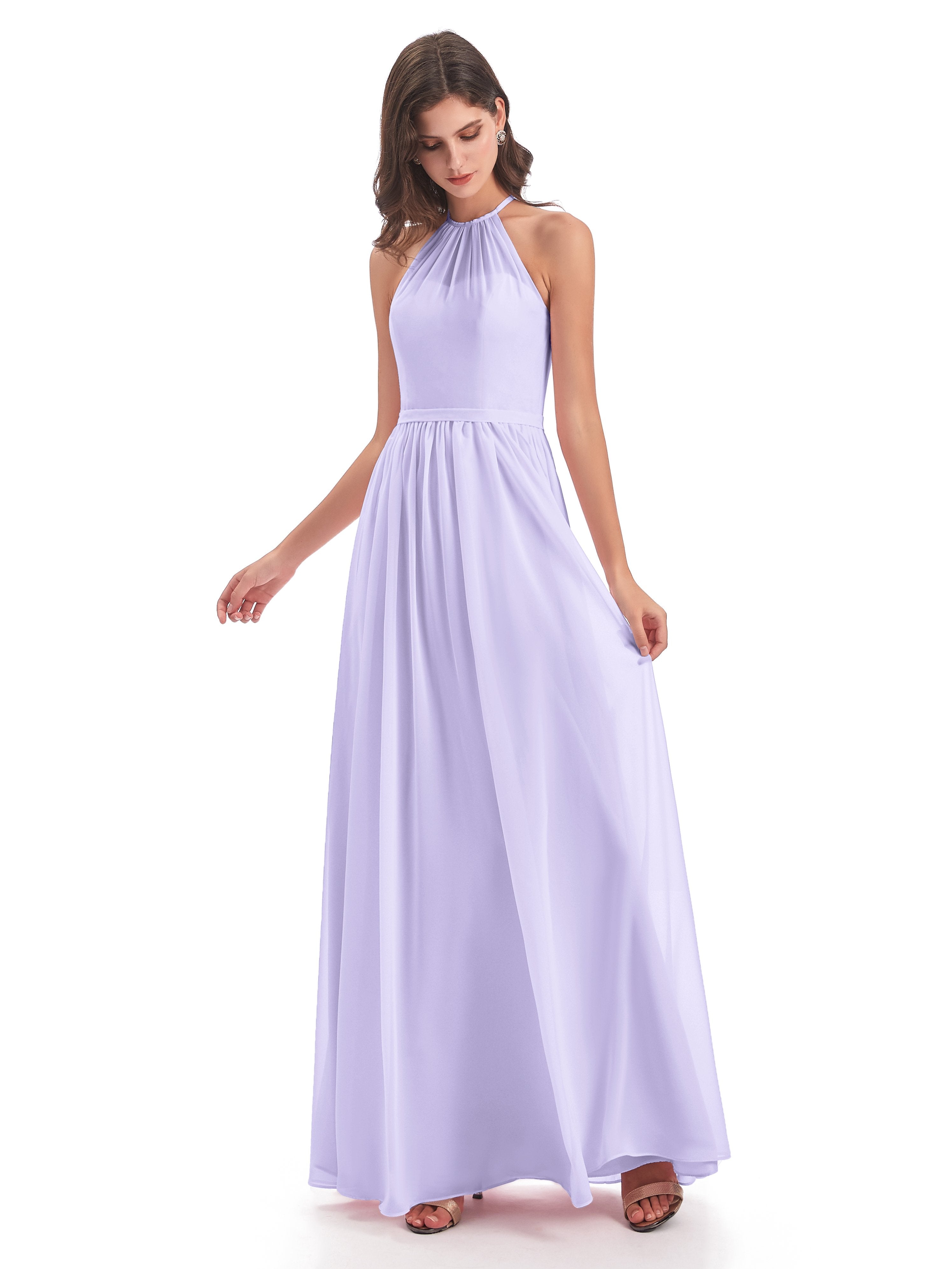 Light Lilac Bridesmaid Dresses Micah Dazzling Chiffon Halter Floor Len
