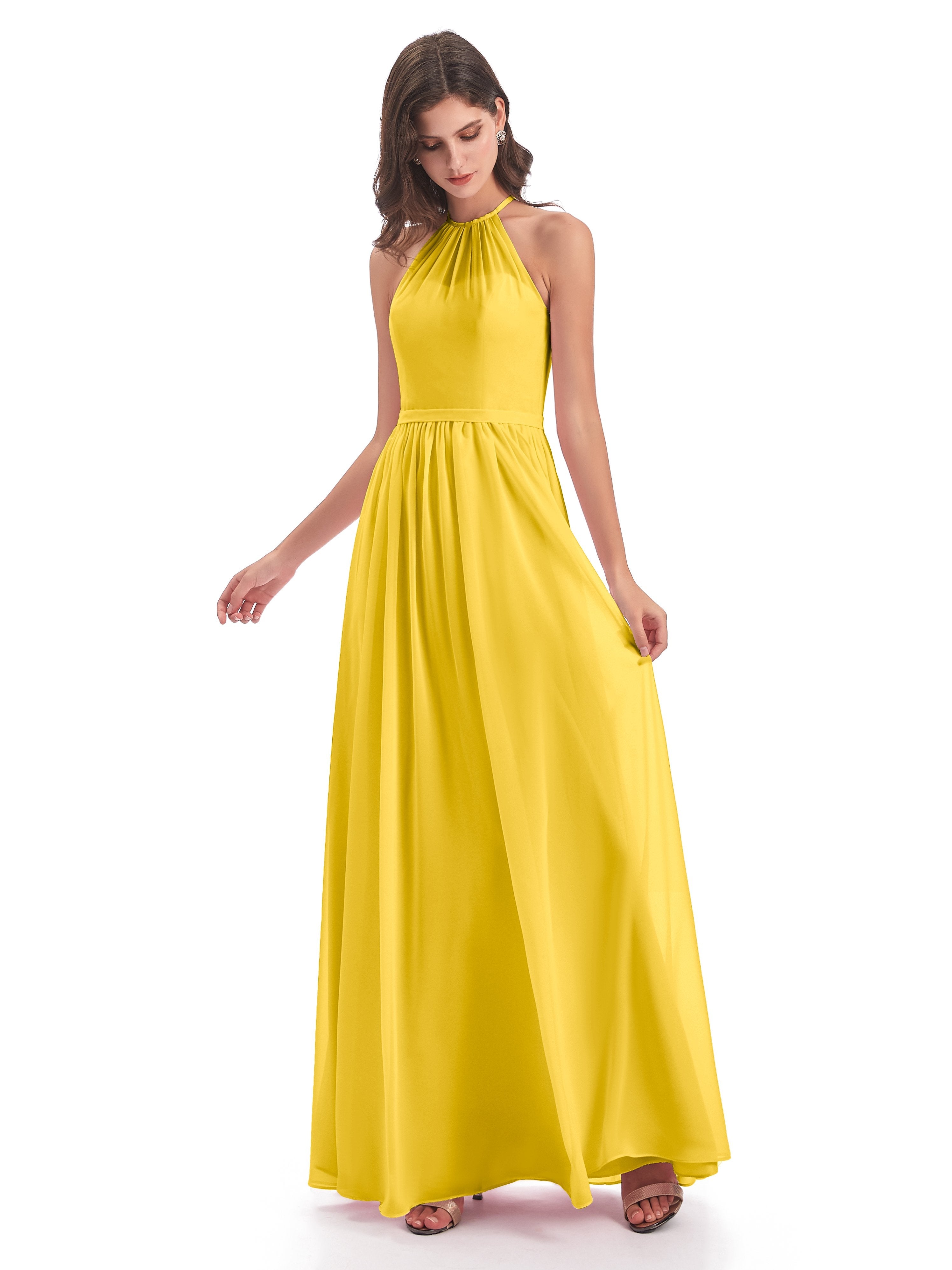 Marigold Bridesmaid Dress Micah Dazzling Chiffon Halter Floor Length B