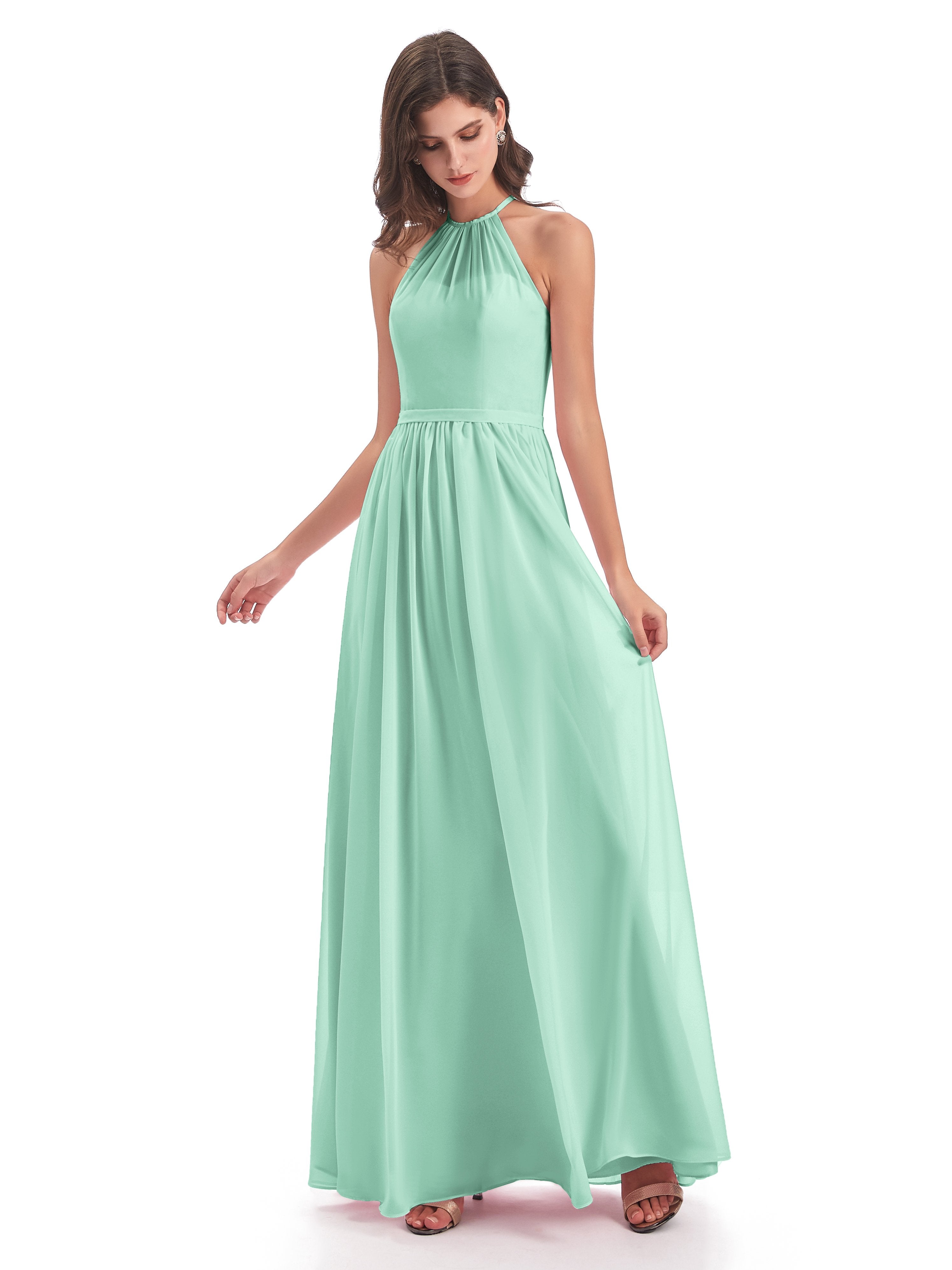 Mint Green Bridesmaids Dress Micah Dazzling Chiffon Halter Floor Lengt