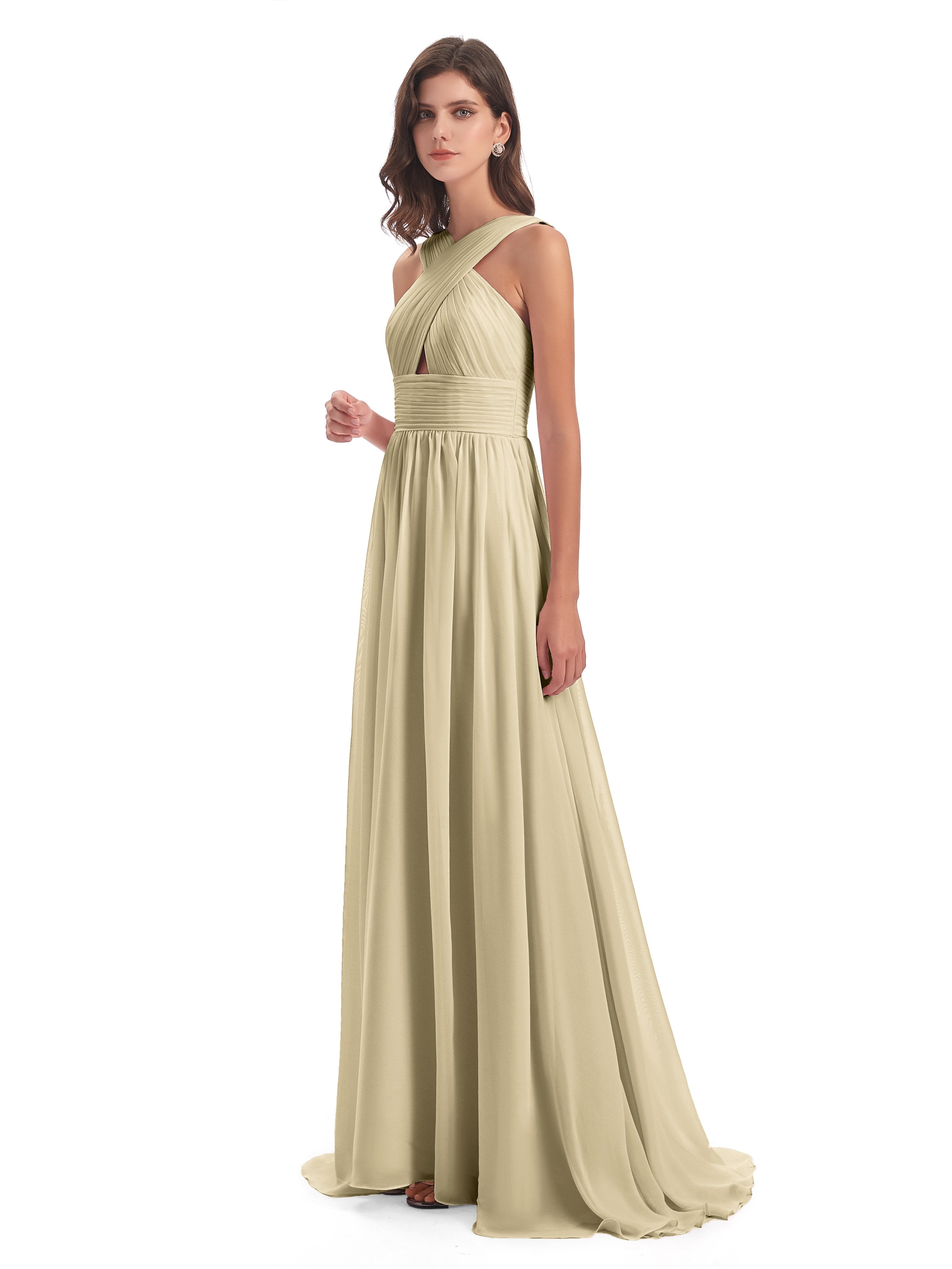 Champagne Chiffon Bridesmaid Dresses Millie Alarming Formal Sweep-Brus