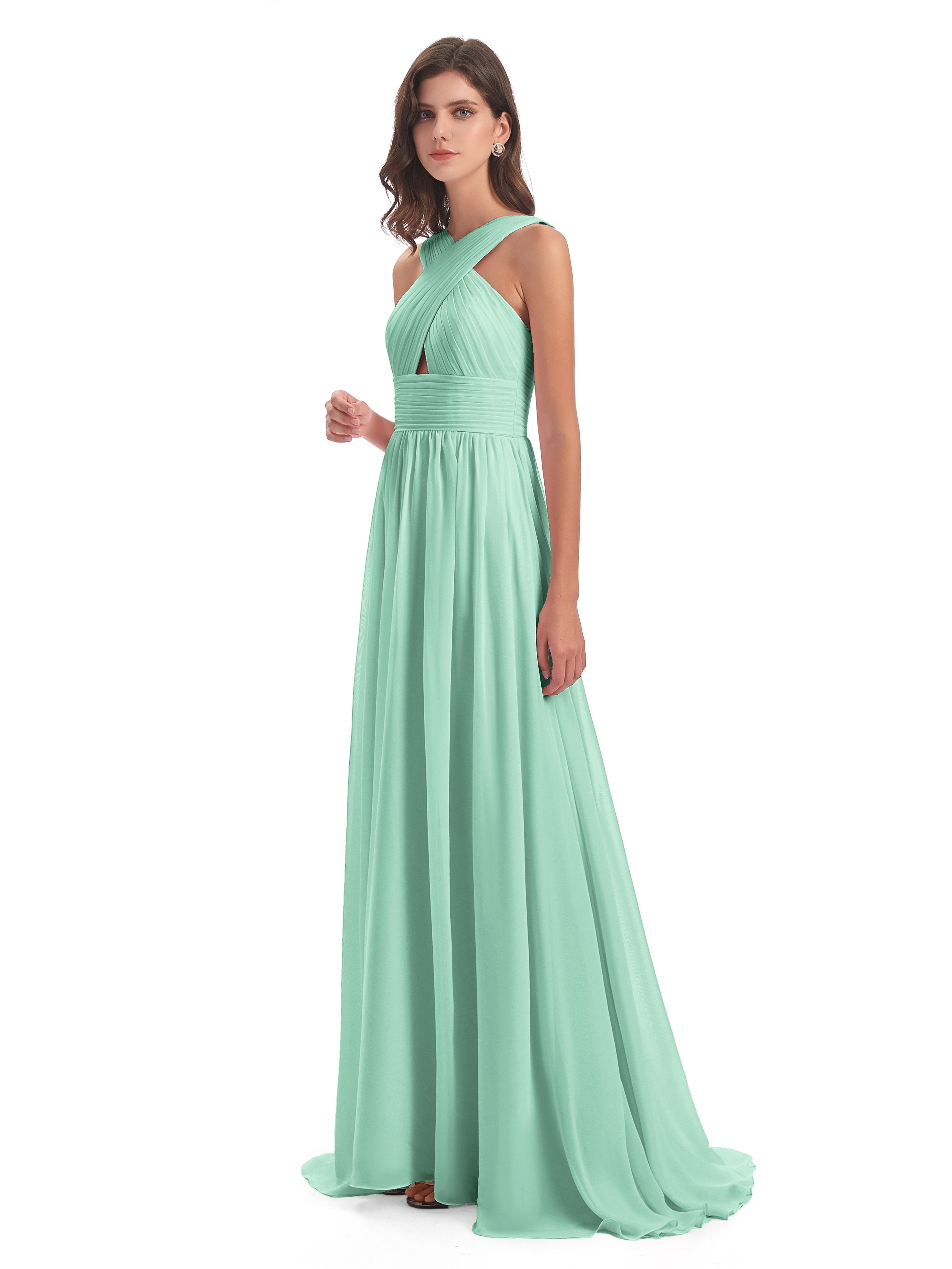Mint Green Chiffon Bridesmaid Dresses Millie Alarming Formal Sweep-Bru