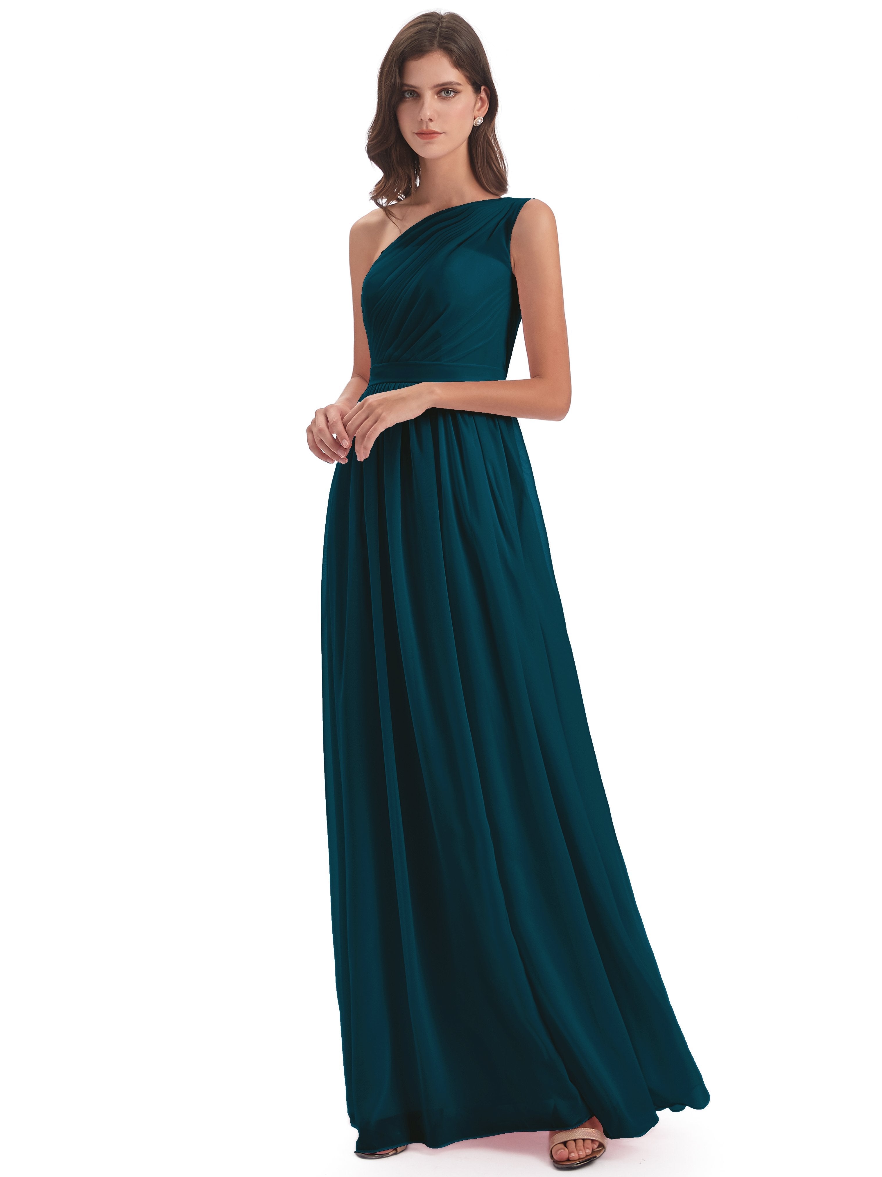 Ink Blue Bridesmaid Dress One-Shoulder Floor-Length Chiffon Bridesmaid