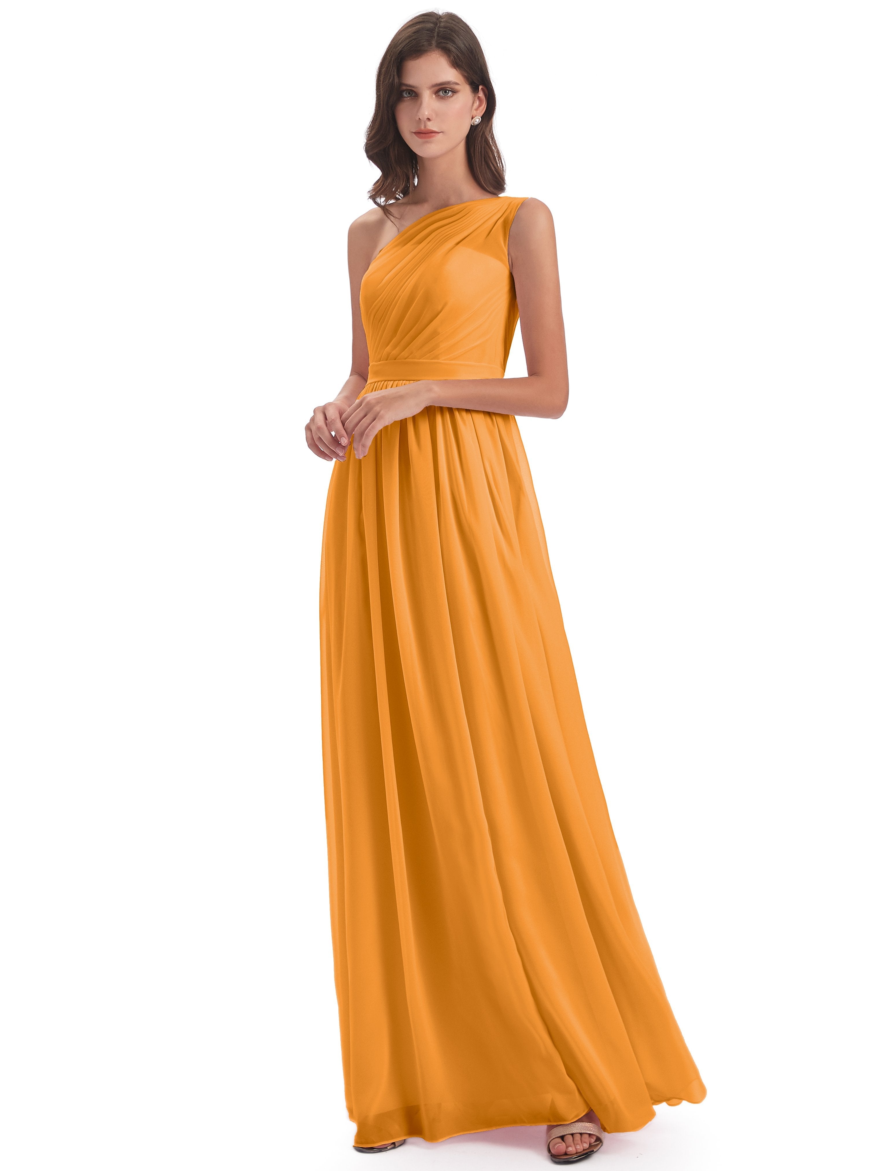 Tangerine Bridesmaids Dresses One-Shoulder Floor-Length Chiffon Brides
