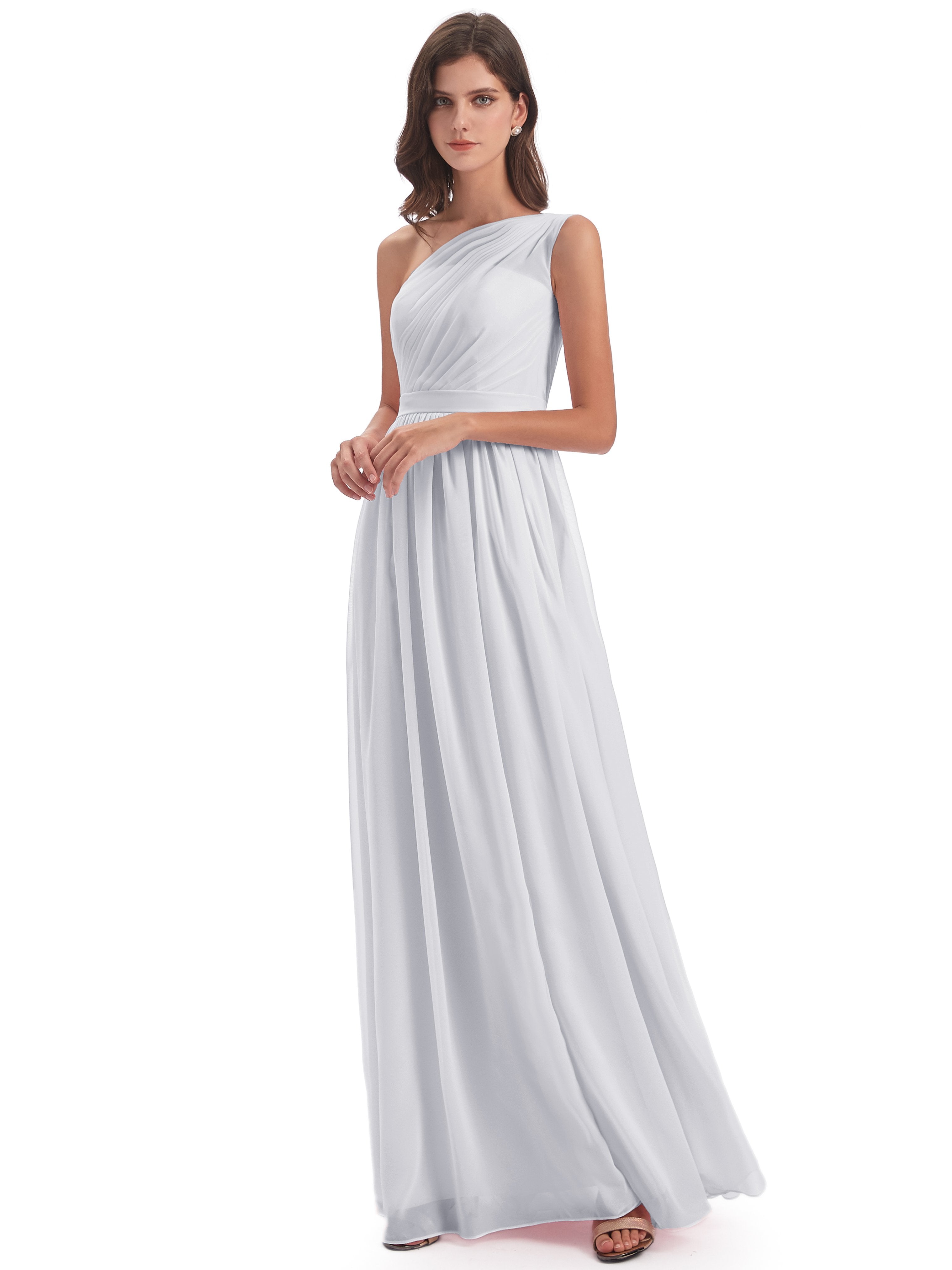 Long White Bridesmaid Dresses One-Shoulder Floor-Length Chiffon Brides