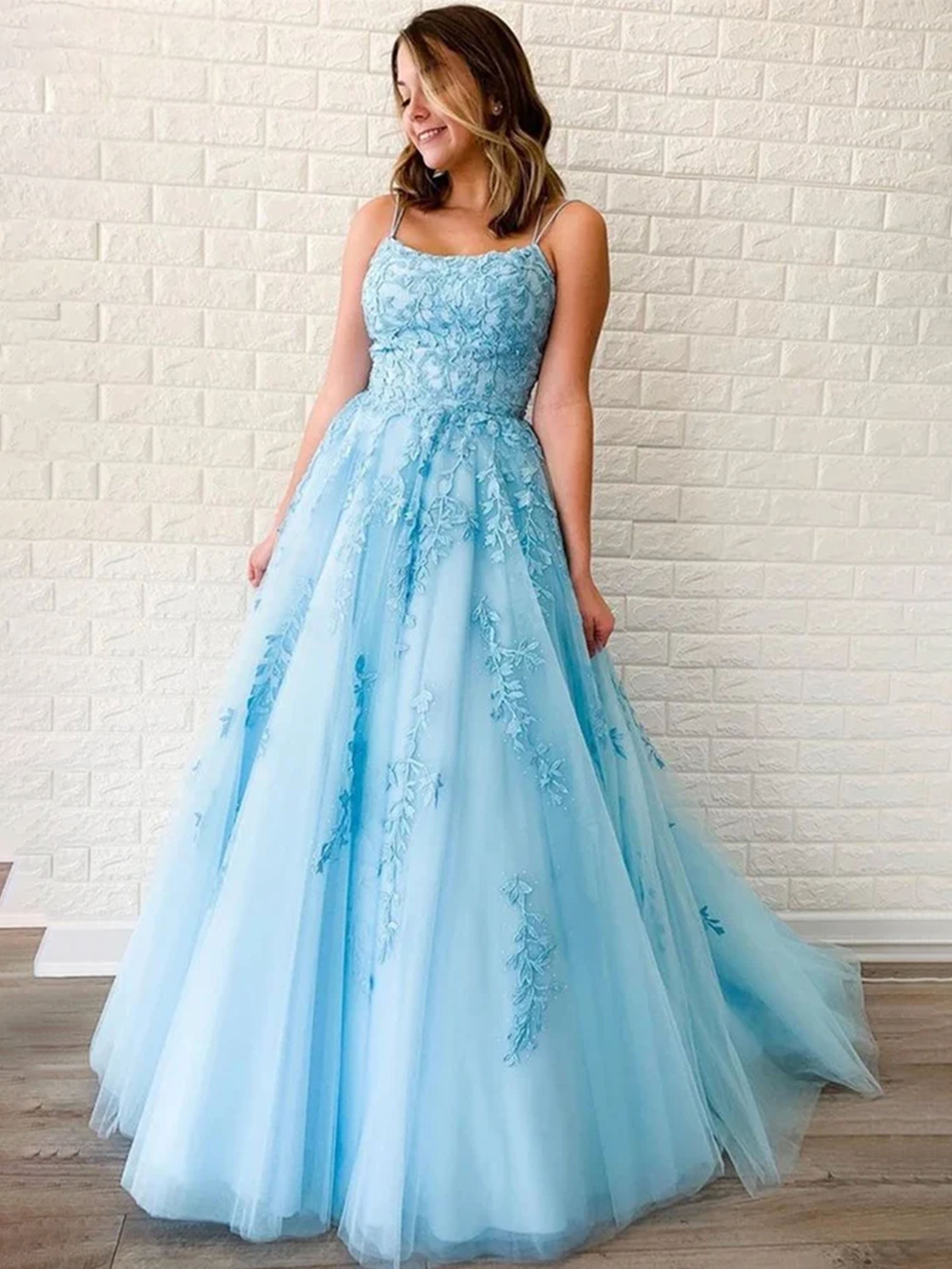 Sky Blue Prom Dresses Elegant Spaghetti Straps A-line Lace Appliques T Sky Blue Prom Dresses Elegant Spaghetti Straps A-line Lace Appliques T