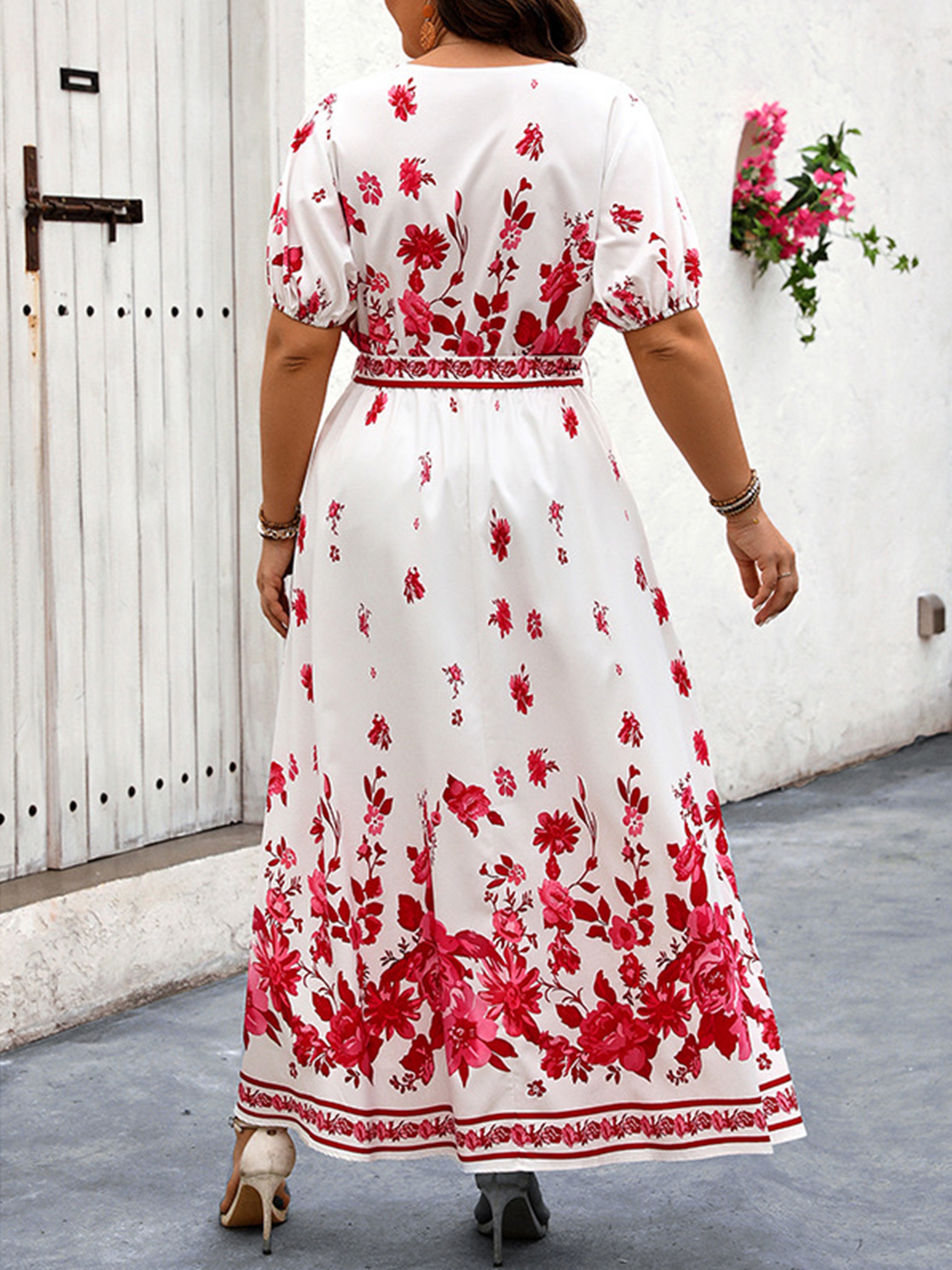 Red Flower Printed Short Sleeves Ankle Length Plus Size Dress with Belt