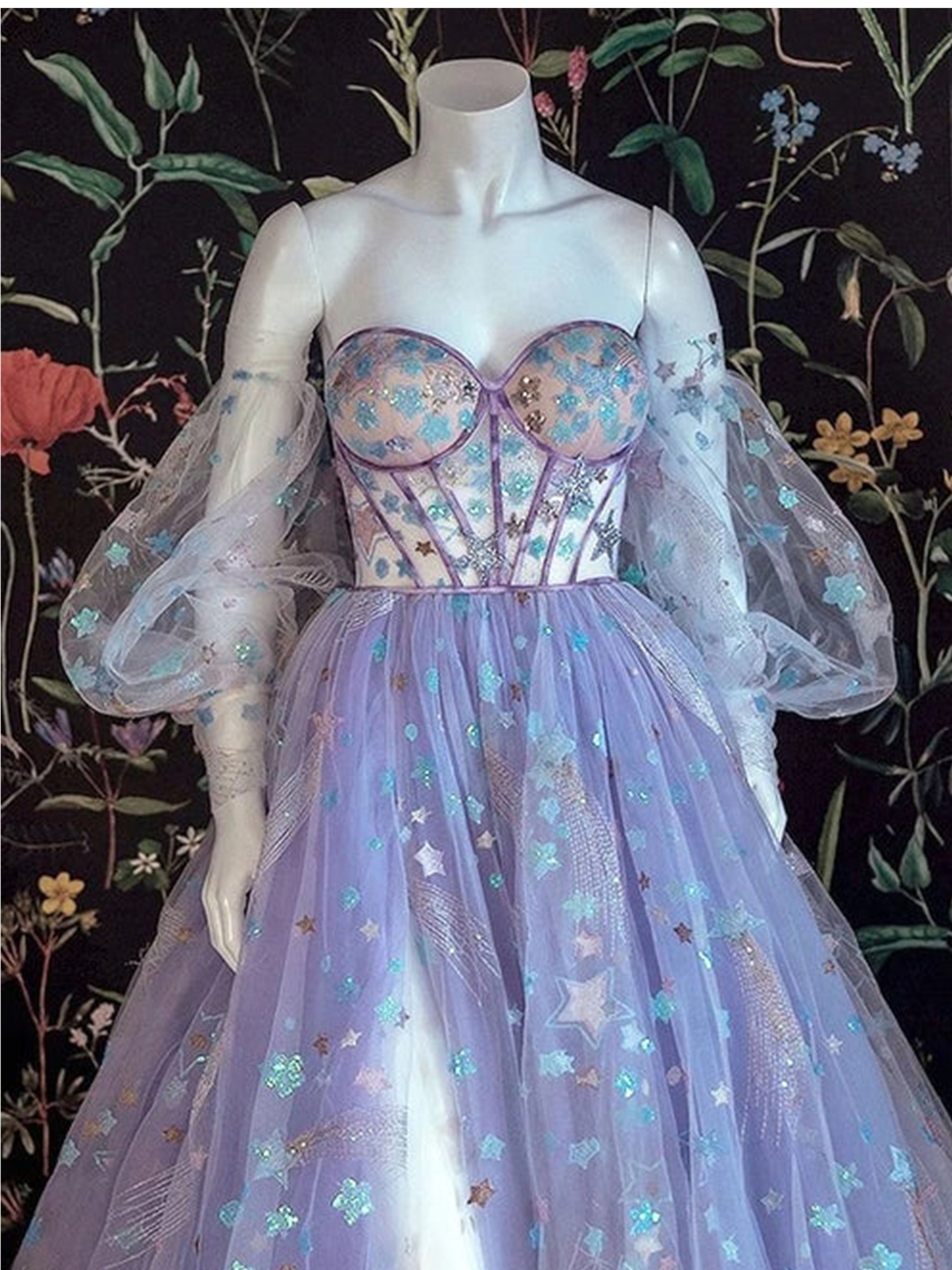 A-line Tulle Floral Off Shoulder Sweetheart Evening Prom Dresses