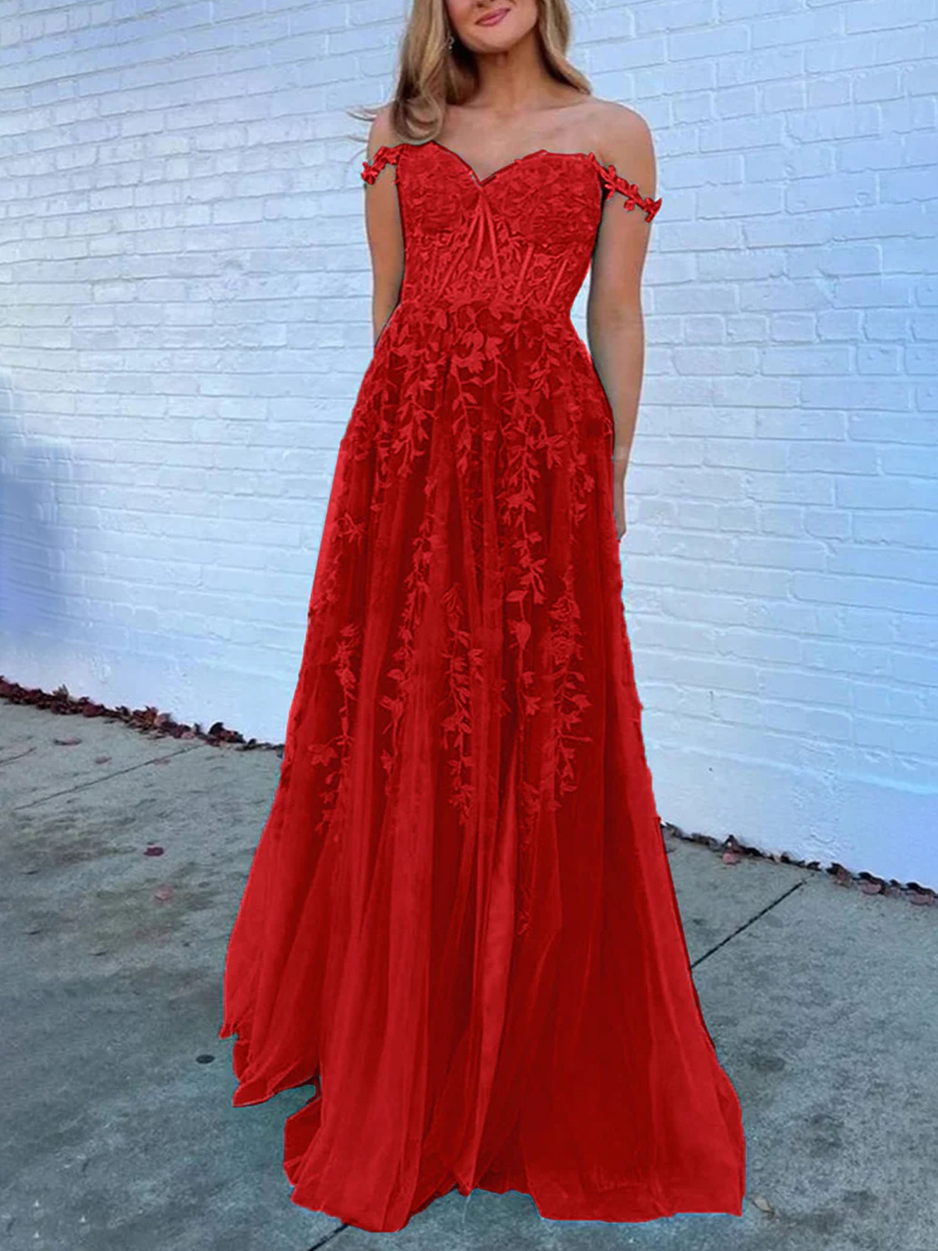 Red Prom Dresses Off the Shoulder Sweetheart A-line Lace Appliques Pro Red Prom Dresses Off the Shoulder Sweetheart A-line Lace Appliques Pro