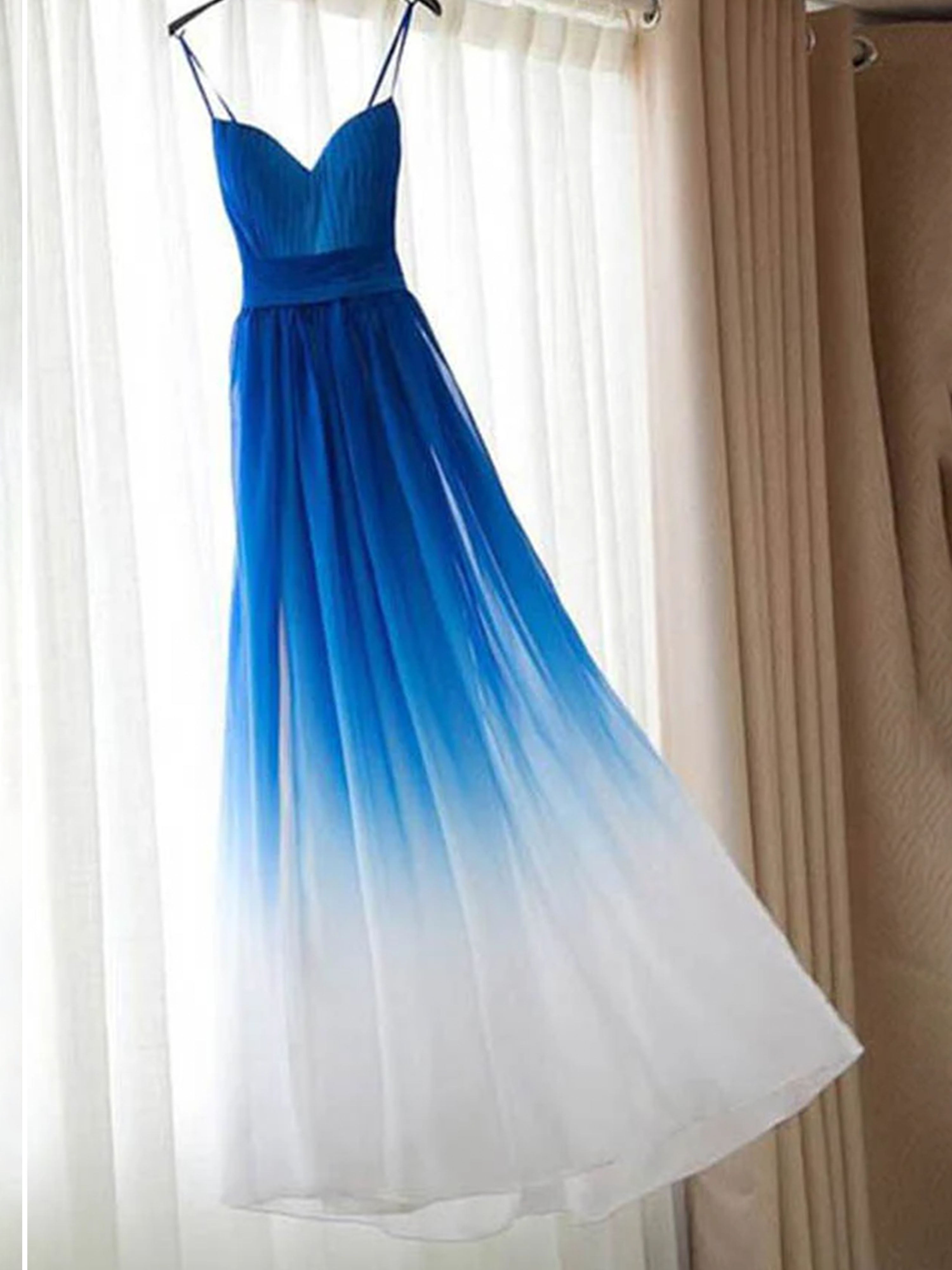 Ombre Chiffon Spaghetti Straps Sleeveless A Line Prom Dresses