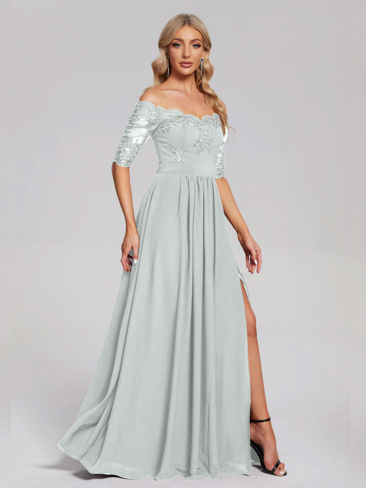 Dessy Celadon Bridesmaid Dress Keira Off The Shoulder Lace/Chiffon Bri