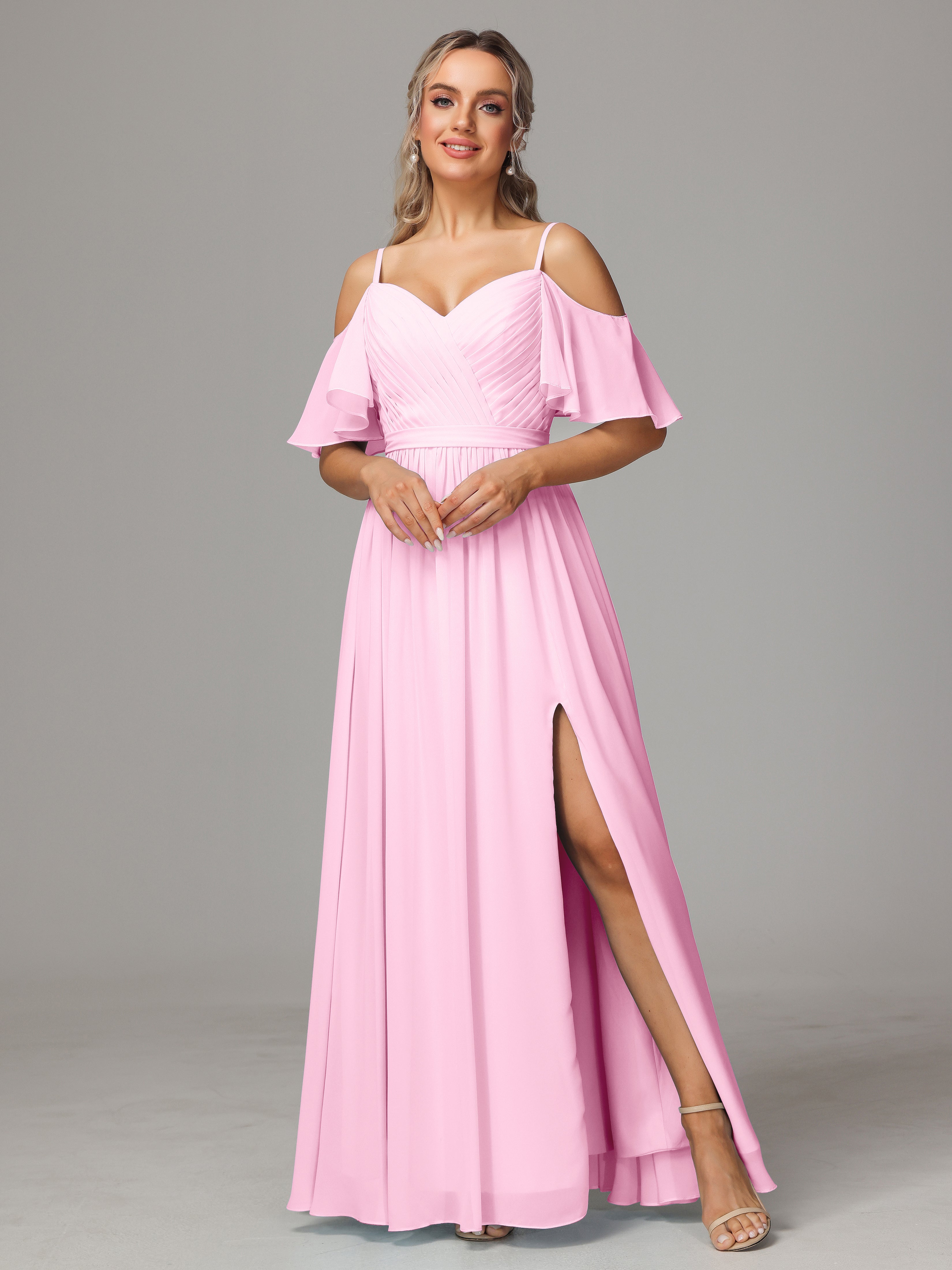 Candy Pink Bridesmaid Dresses Sweetheart Off The Shoulder Long Chiffon