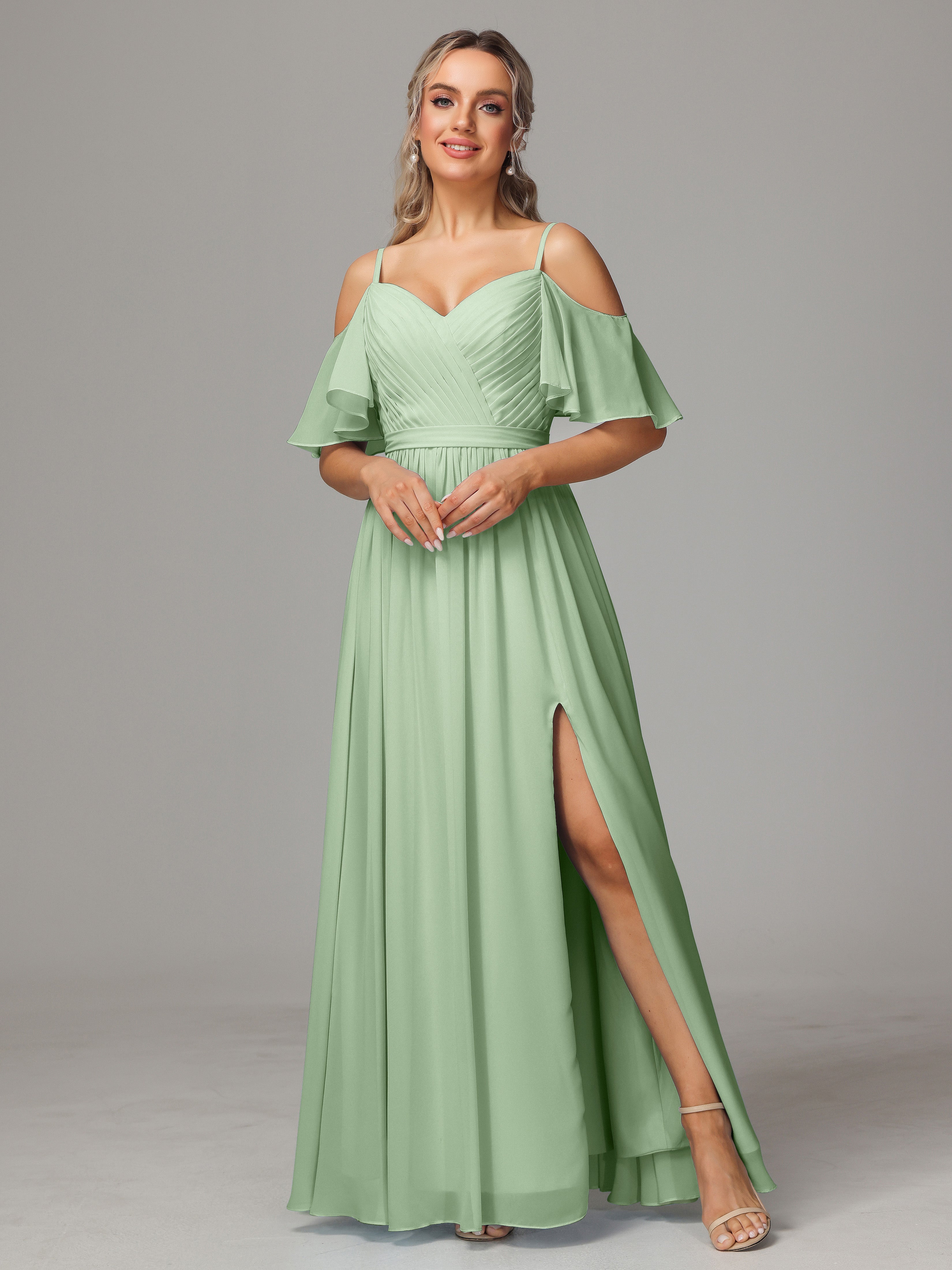 Sage Green Bridesmaid Dresses Sweetheart Off The Shoulder Long Chiffon Bridesmaid Dresses