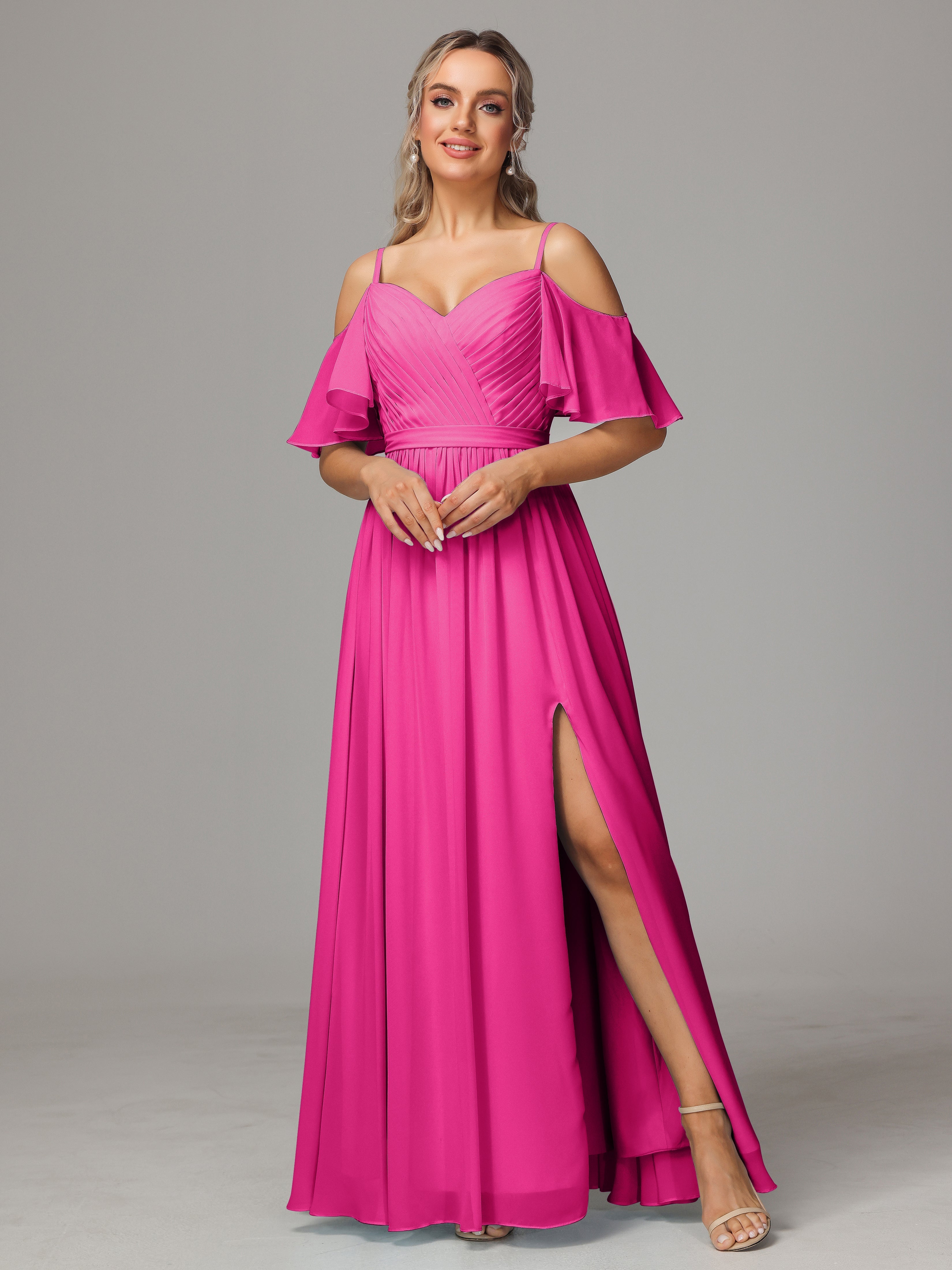 Fuchsia Bridesmaid Dress Sweetheart Off The Shoulder Long Chiffon Brid