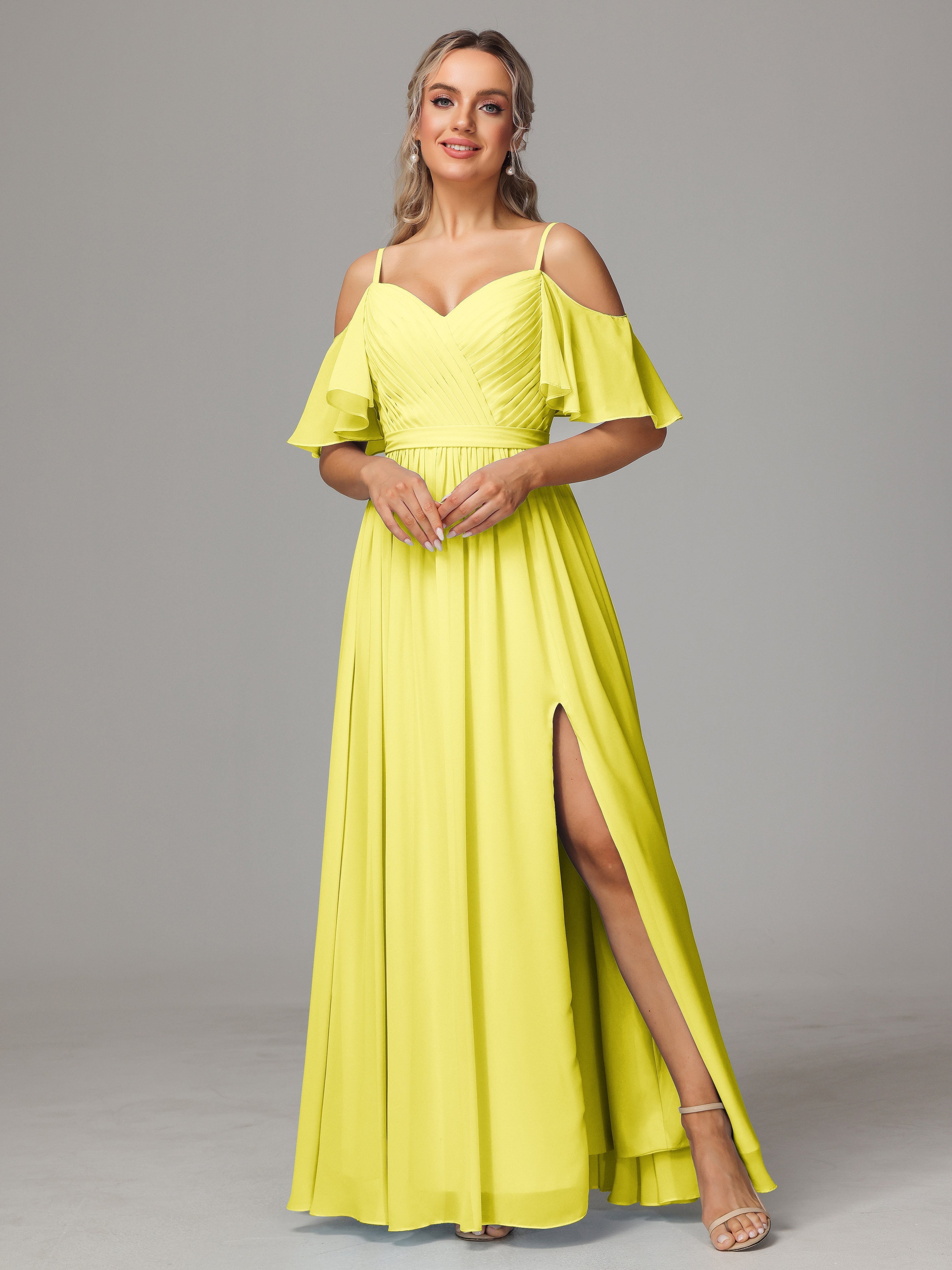 Lemon Bridesmaid Dresses Sweetheart Off The Shoulder Long Chiffon Brid