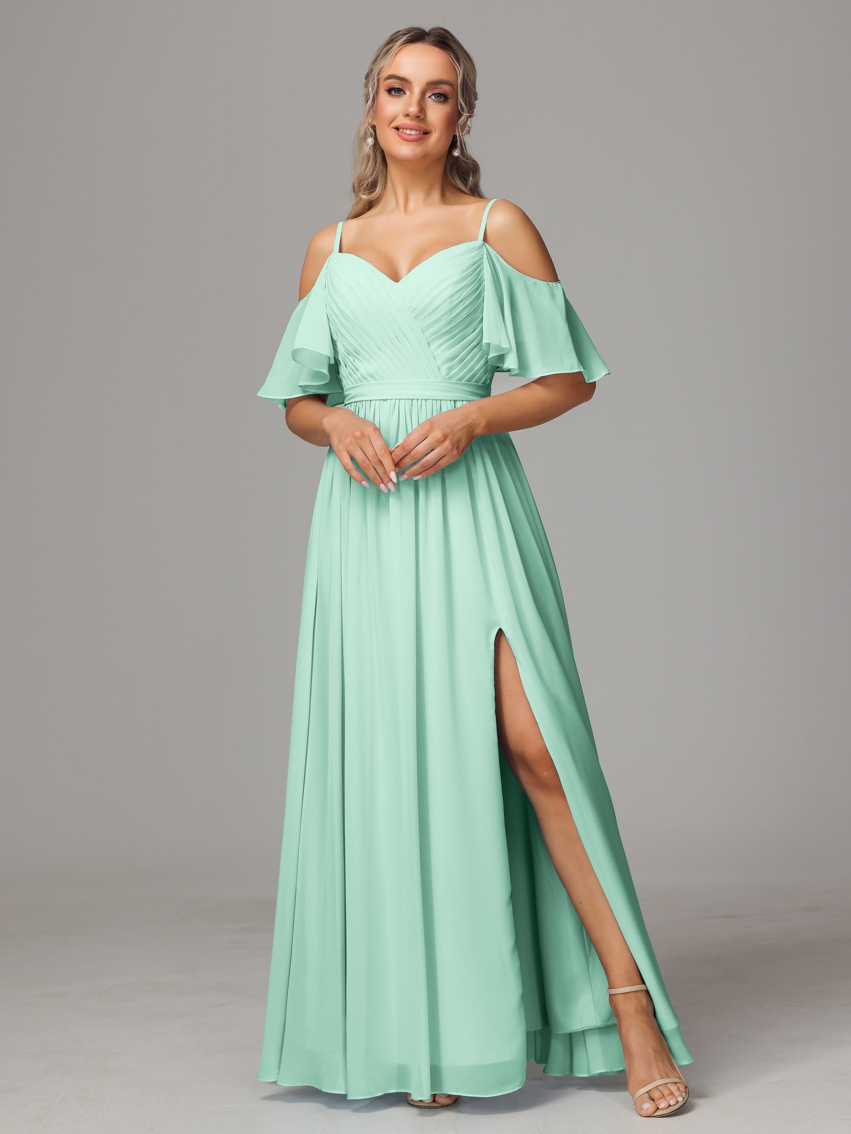 Mint Green Bridesmaid Dresses Sweetheart Off The Shoulder Long Chiffon