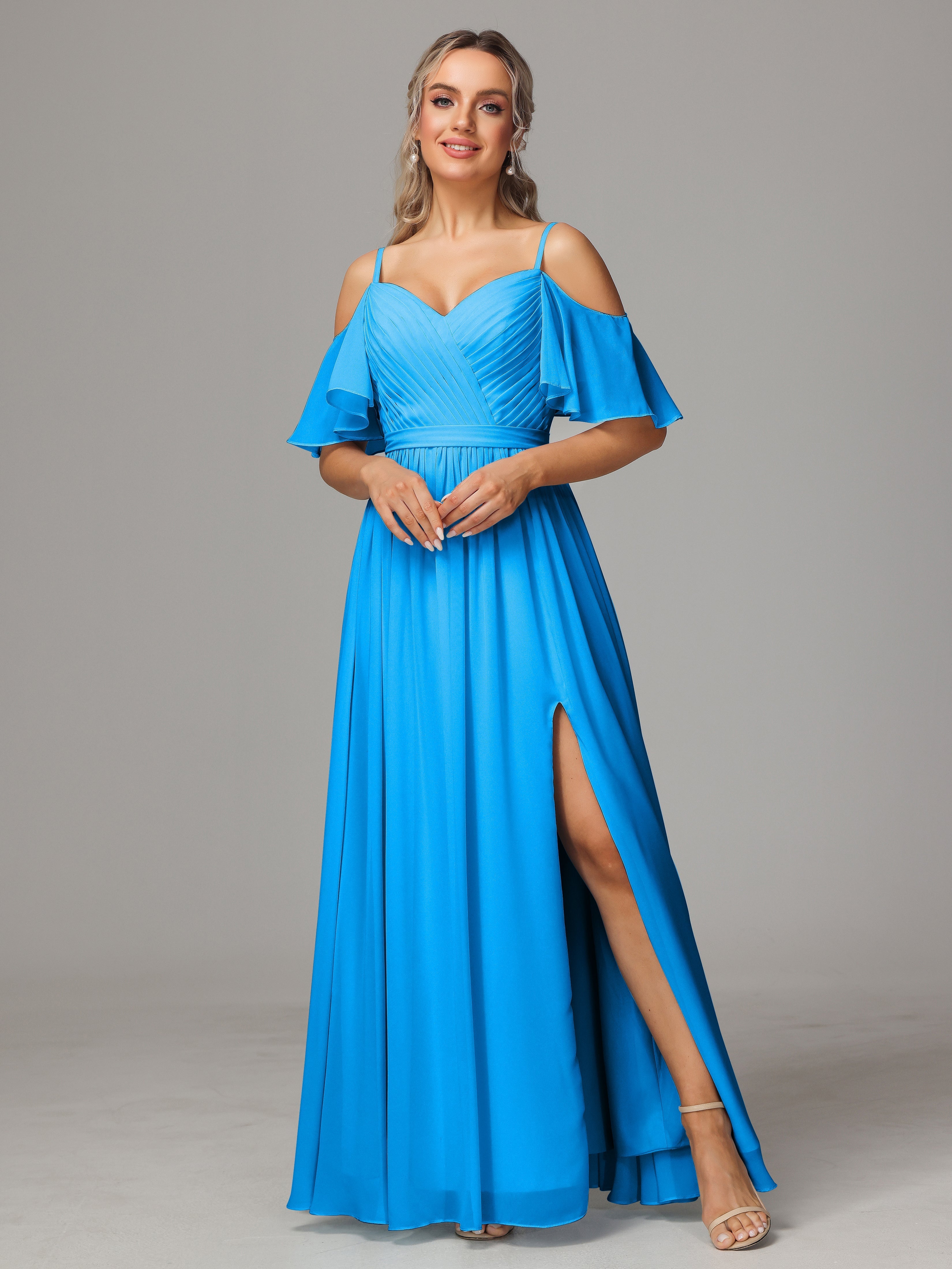 Ocean Blue Bridesmaid Dresses Sweetheart Off The Shoulder Long Chiffon