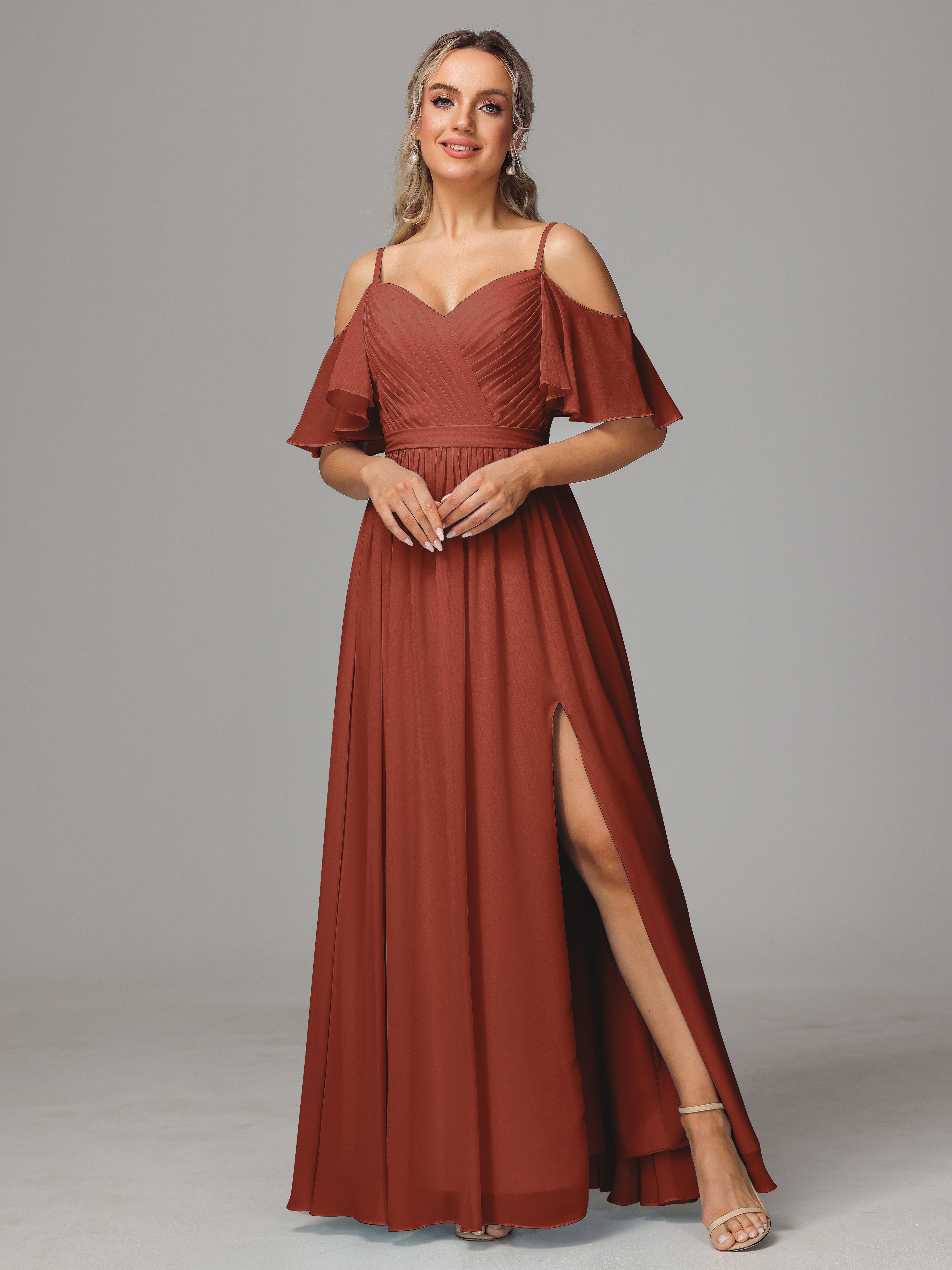rust off the shoulder maxi dress Rust Bridesmaid Dress Sweetheart Off The Shoulder Long Chiffon Bridesm
