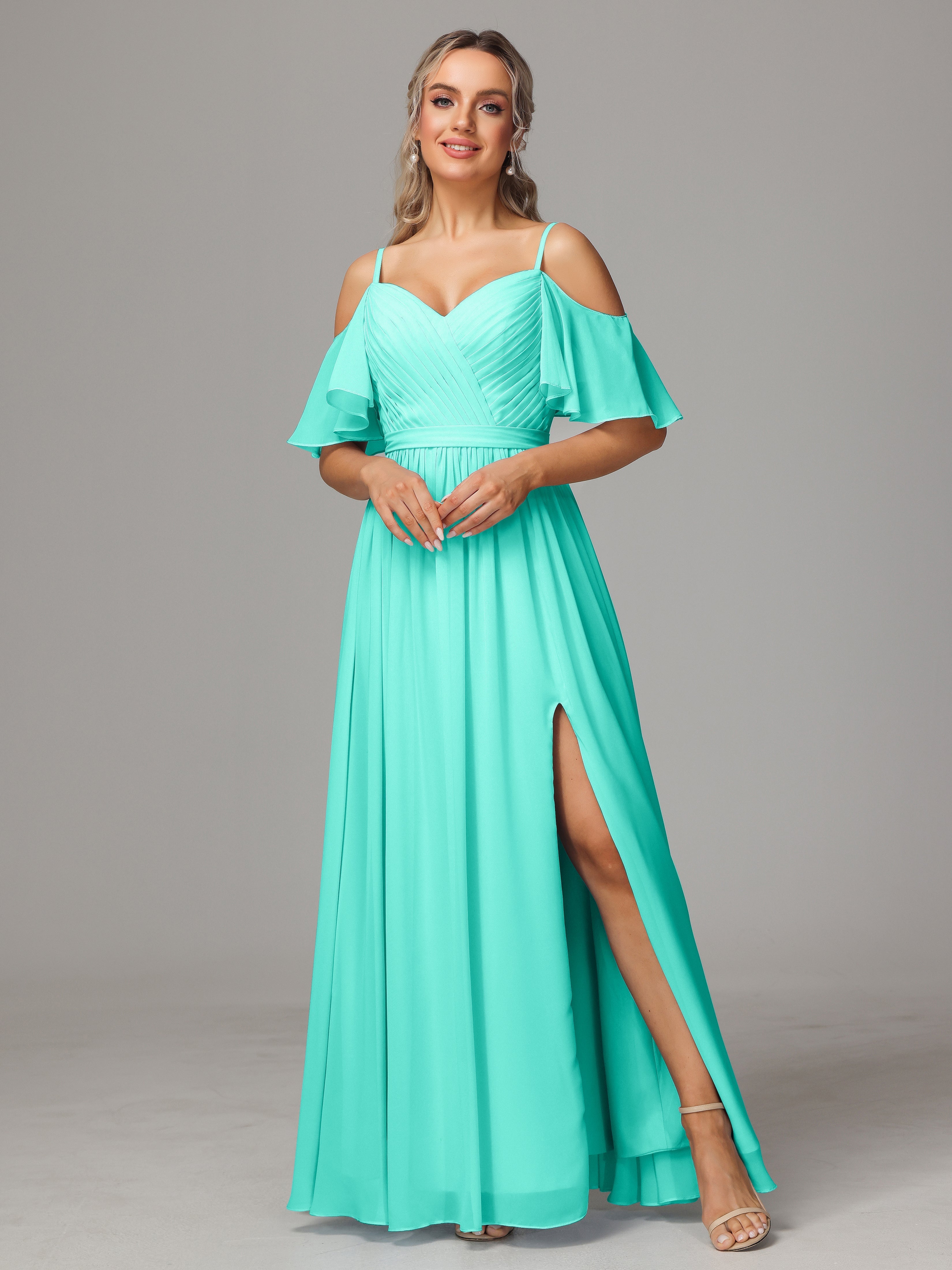 Dusty Blue Bridesmaid Dresses Sweetheart Off The Shoulder Long Chiffon Bridesmaid Dresses