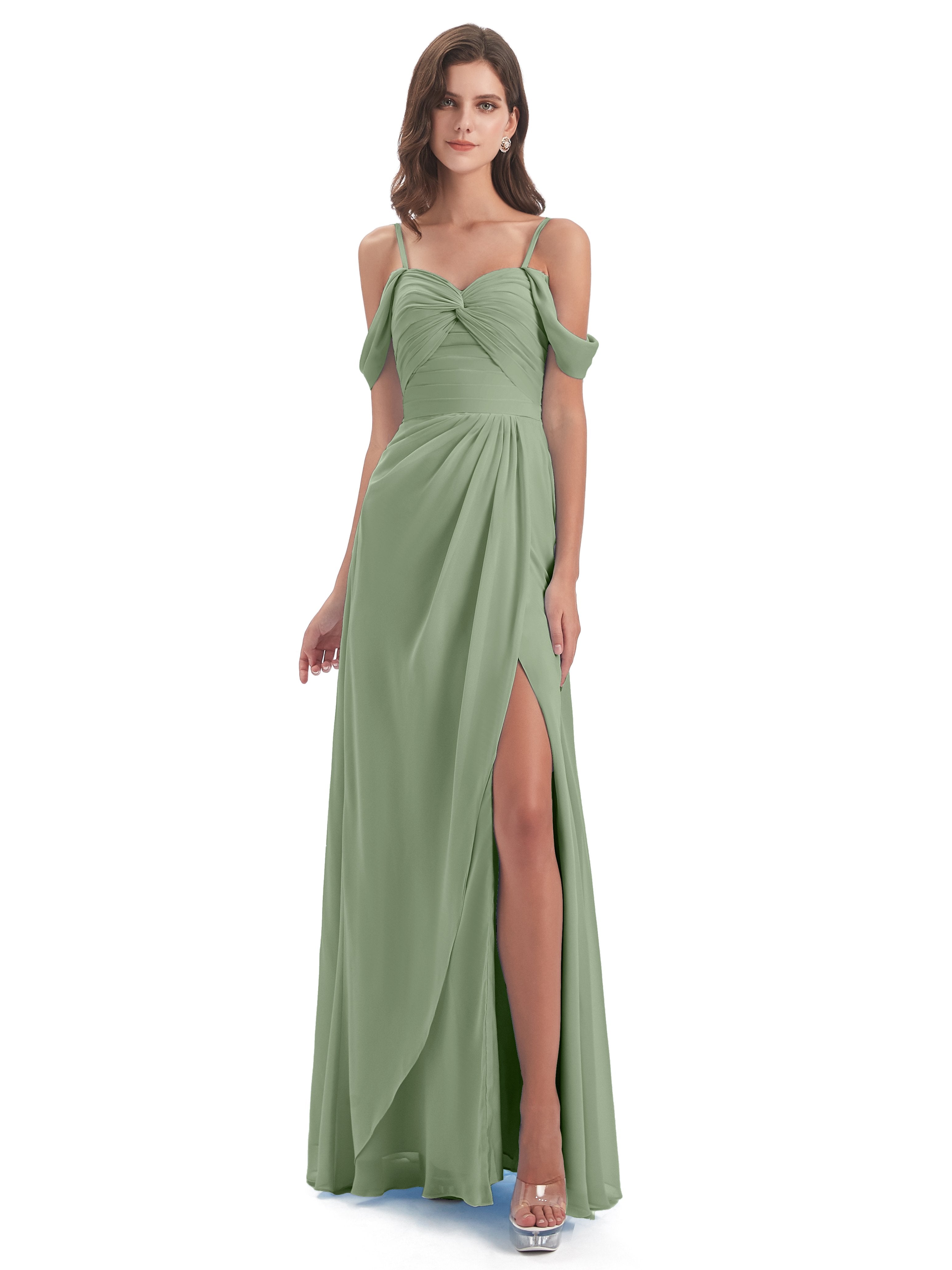 Dusty Sage Bridesmaid Dresses Chiffon Elegant Spaghetti Straps Split L