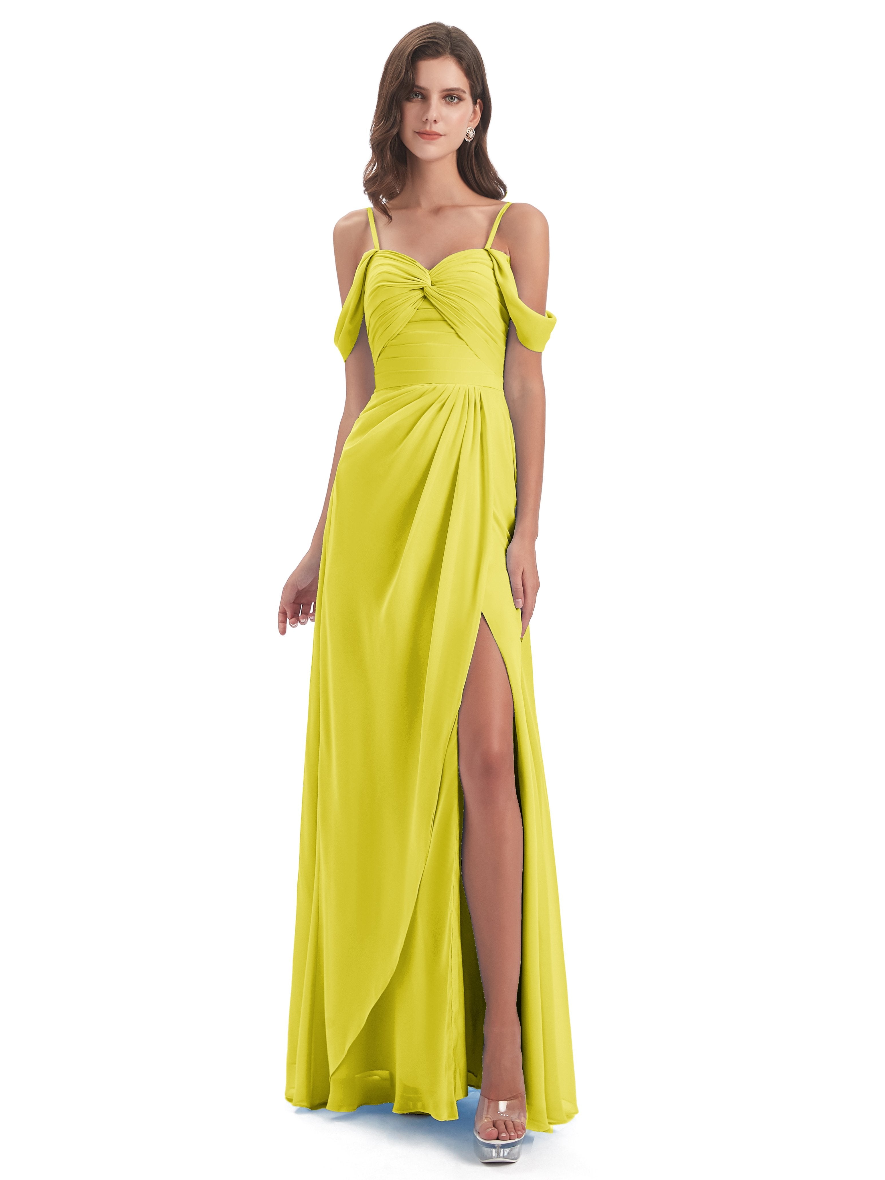 Lemon Yellow Bridesmaid Dresses Uk Chiffon Elegant Spaghetti Straps Sp