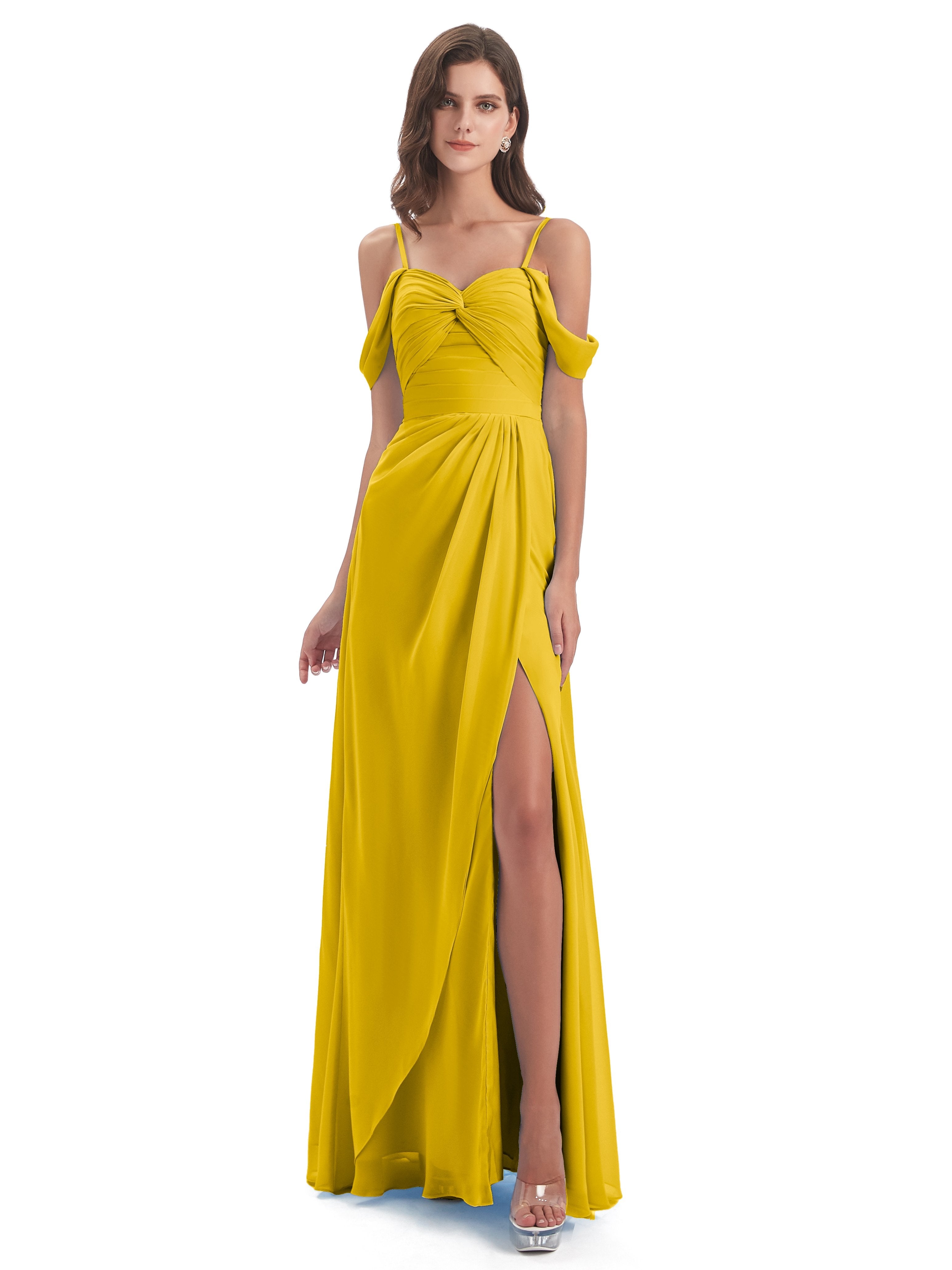 Marigold Yellow Bridesmaid Dress Chiffon Elegant Spaghetti Straps Spli