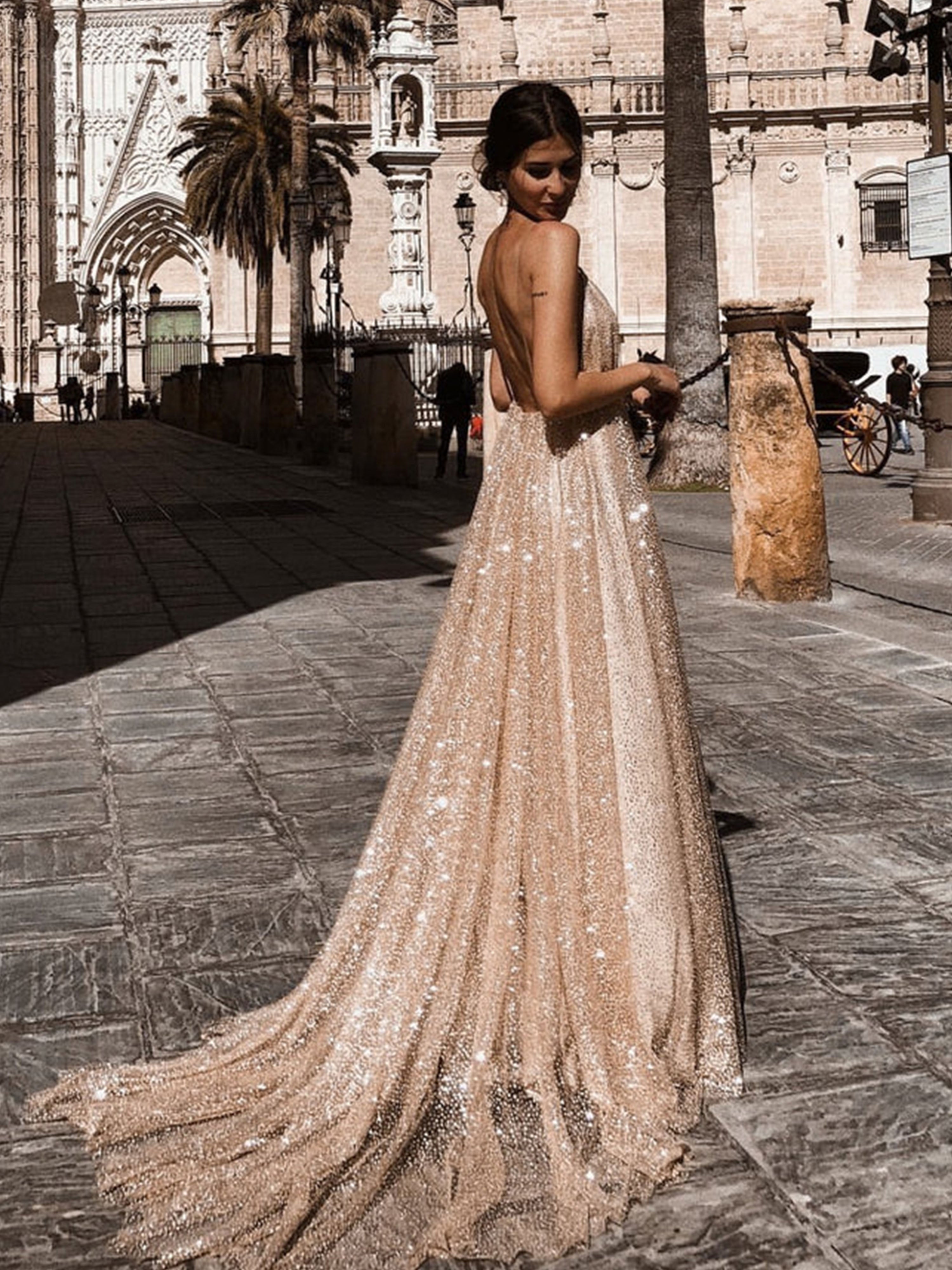 Shiny Spaghetti Straps Sequins V Neck Open Back Long Prom Dress