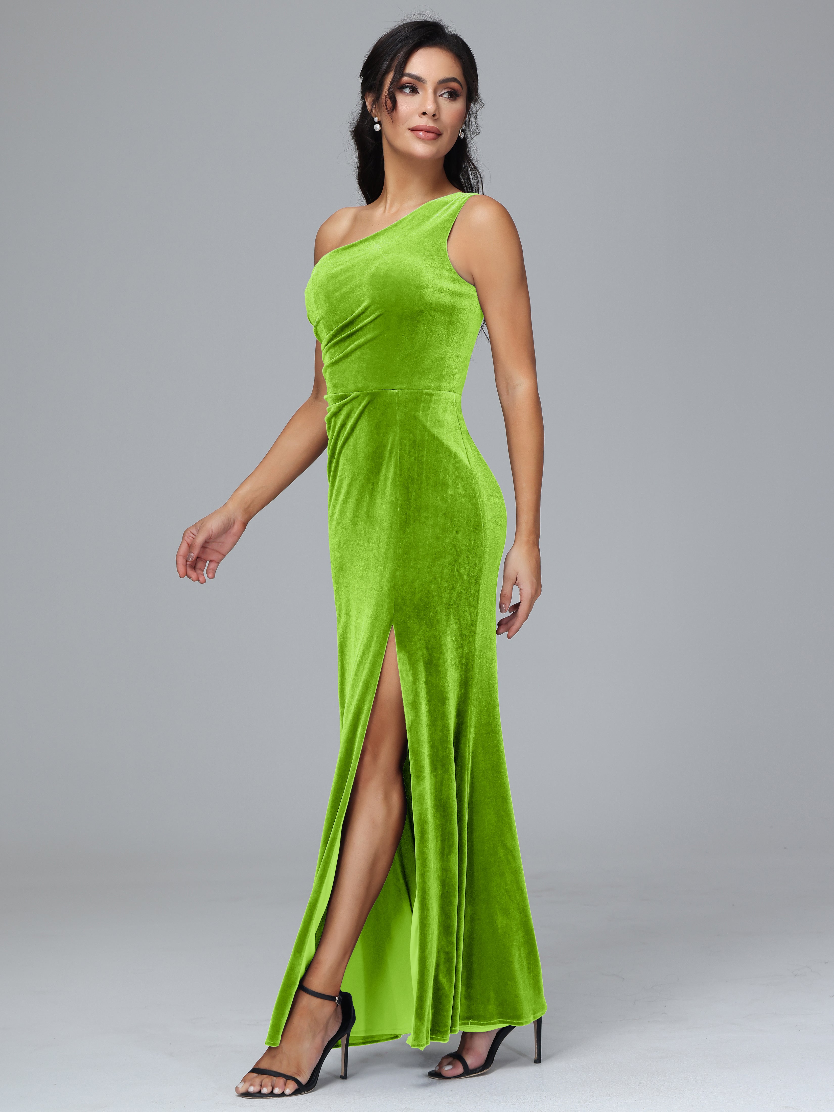 One Shoulder Pleats Long Velvet Bridesmaid Dresses With Split