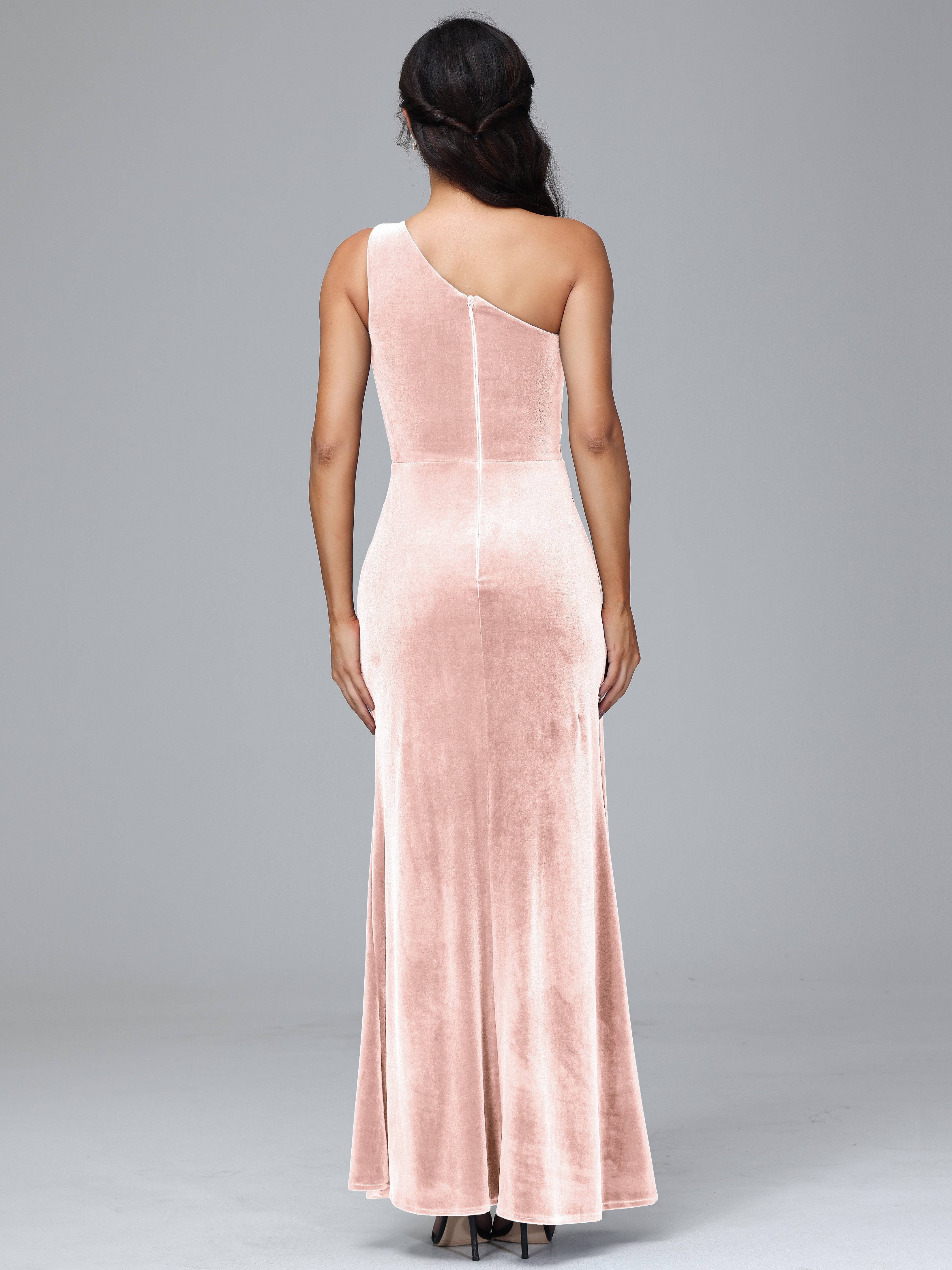 One Shoulder Pleats Long Velvet Bridesmaid Dresses With Split