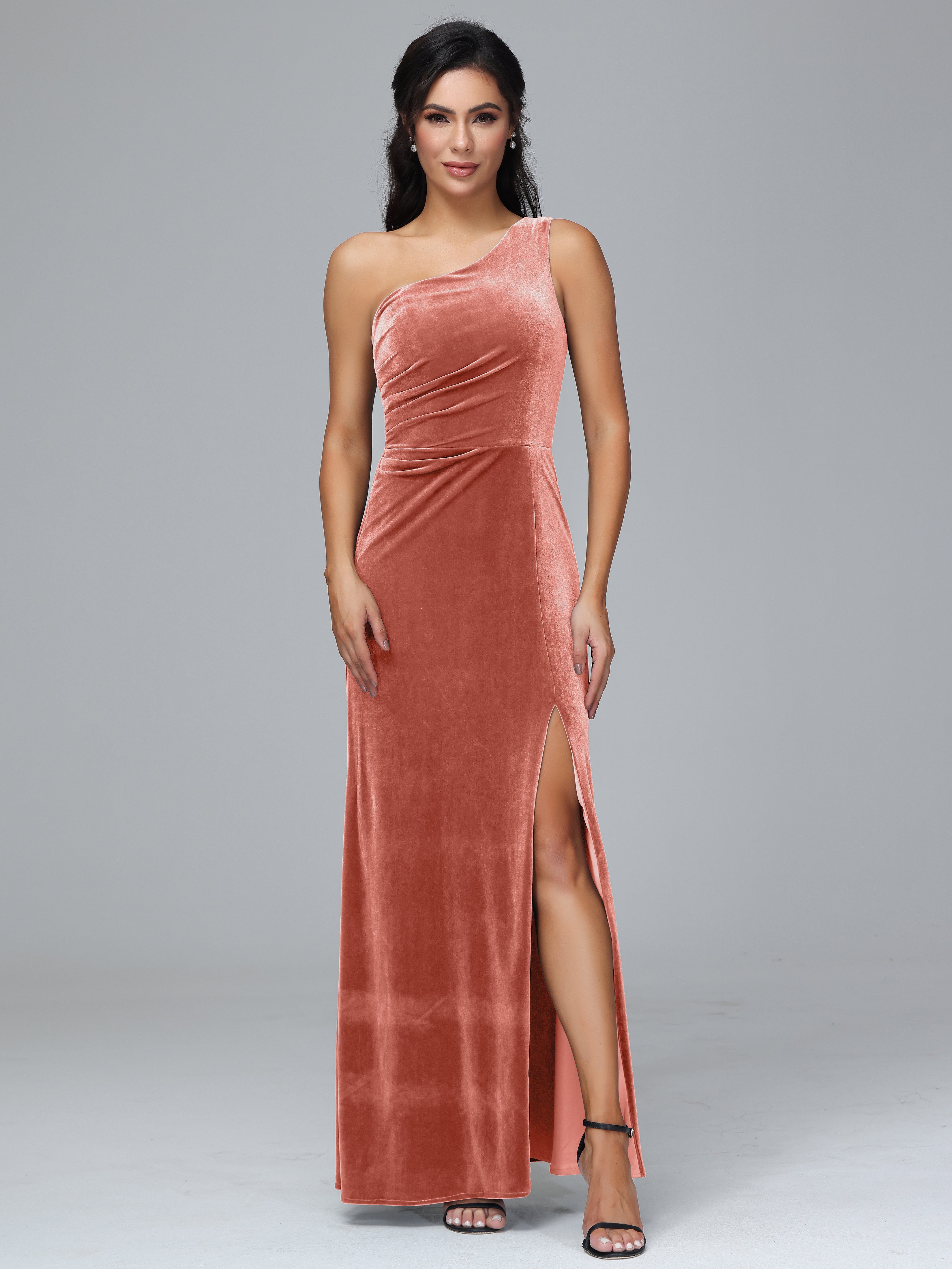 One Shoulder Pleats Long Velvet Bridesmaid Dresses With Split
