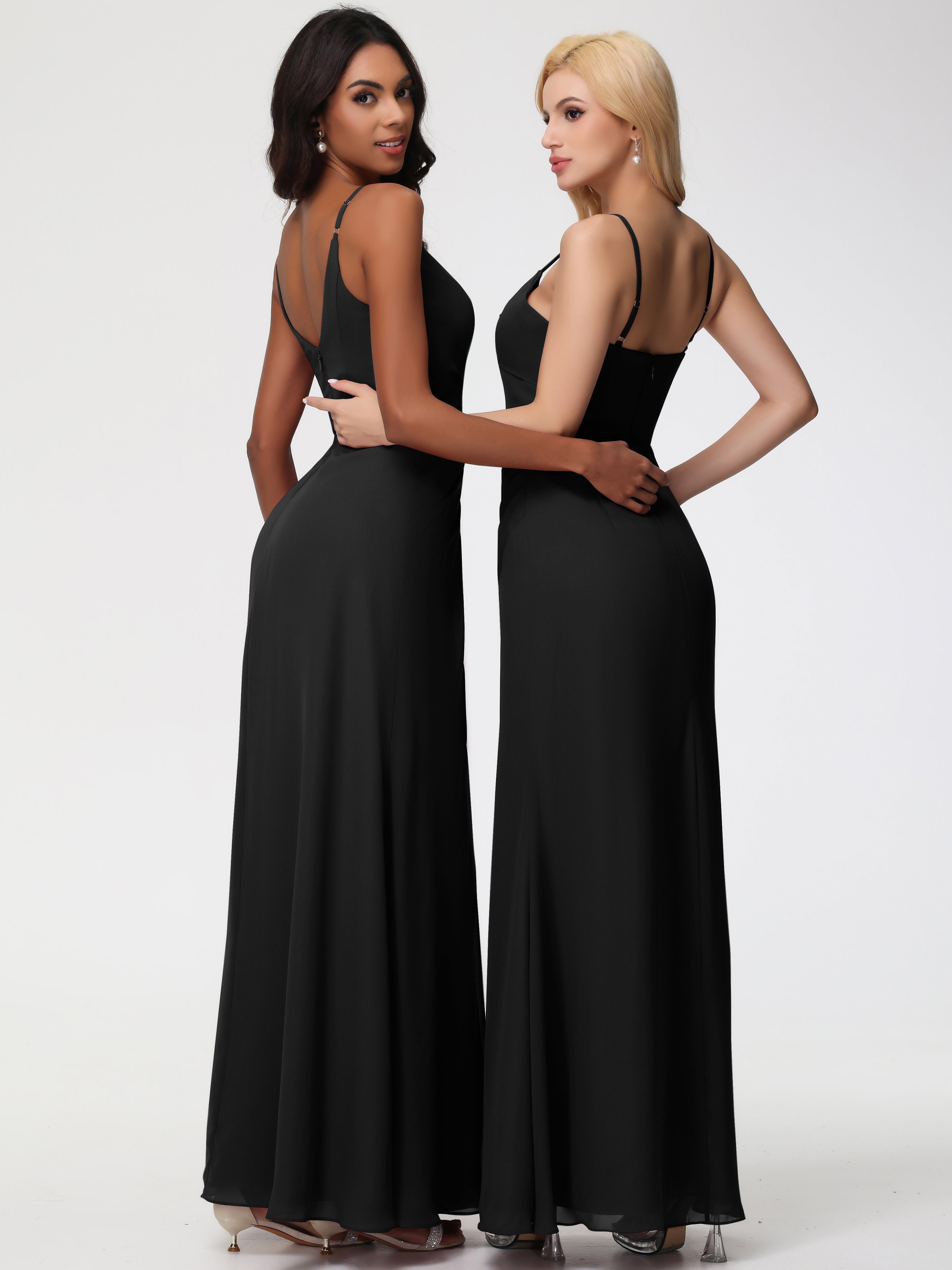 A-Line V-Neck Sleeveless Spaghetti Straps Pleats Chiffon Bridesmaid Dresses With Split