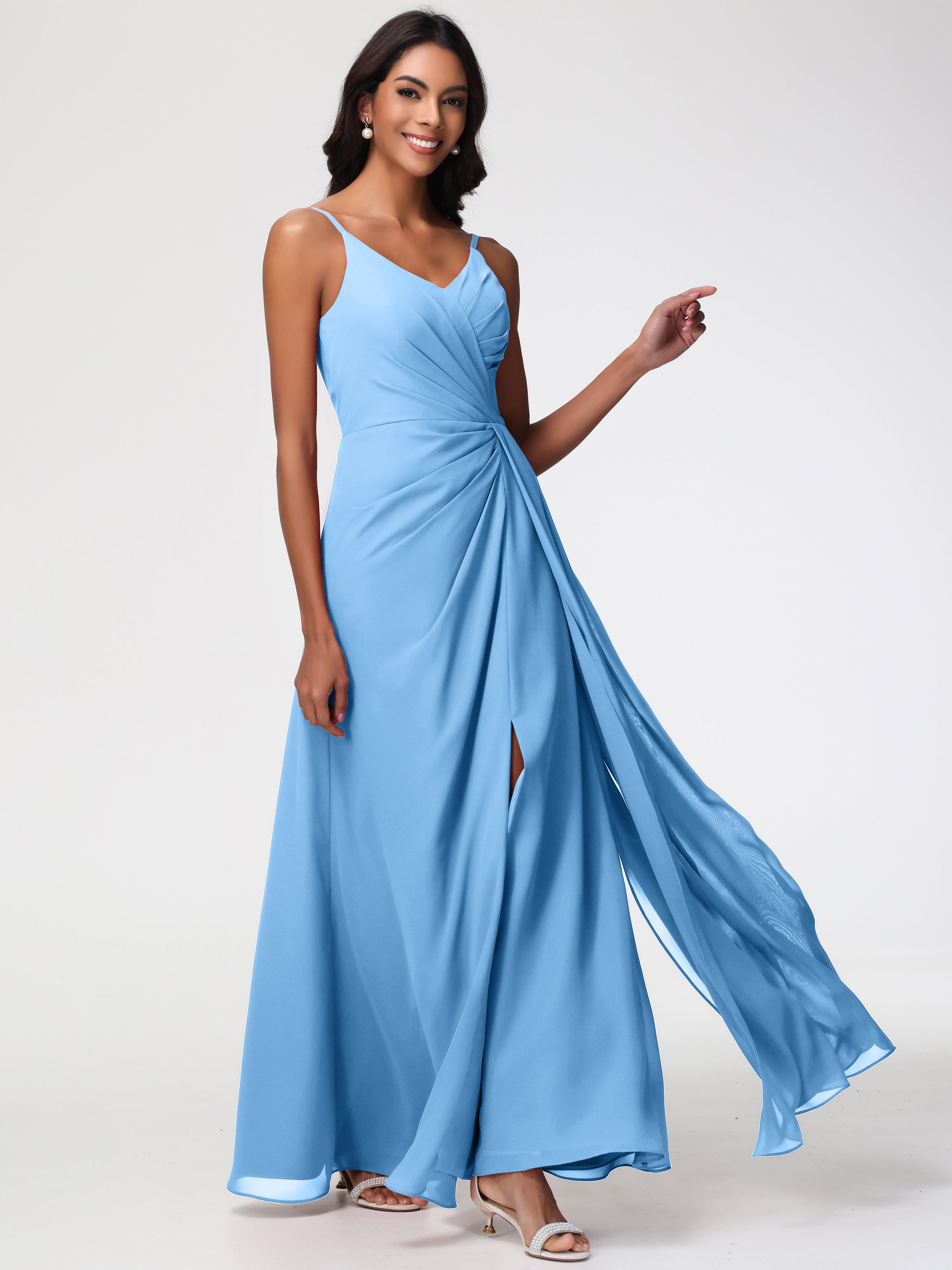 A-Line V-Neck Sleeveless Spaghetti Straps Pleats Chiffon Bridesmaid Dresses With Split
