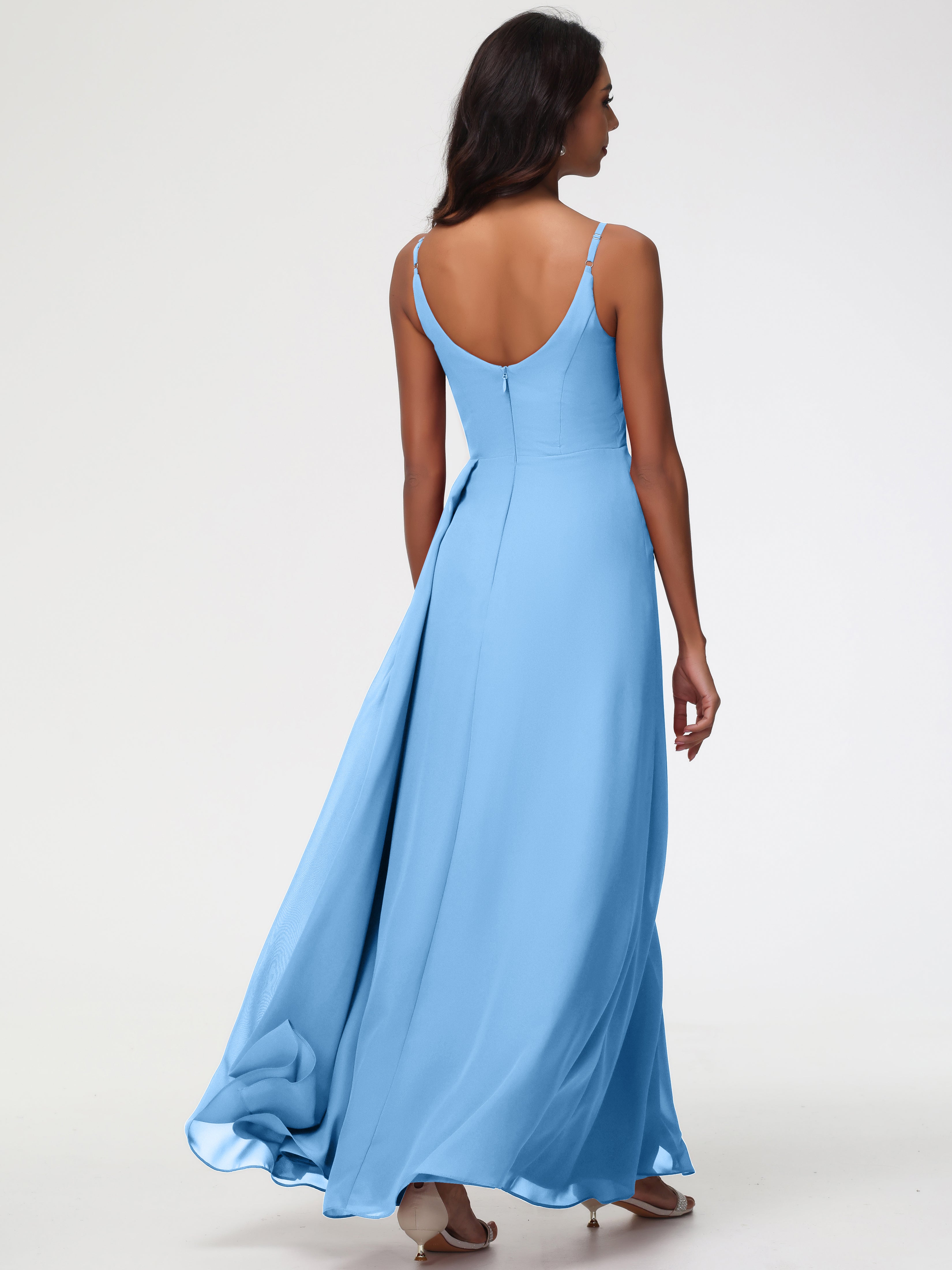 A-Line V-Neck Sleeveless Spaghetti Straps Pleats Chiffon Bridesmaid Dresses With Split