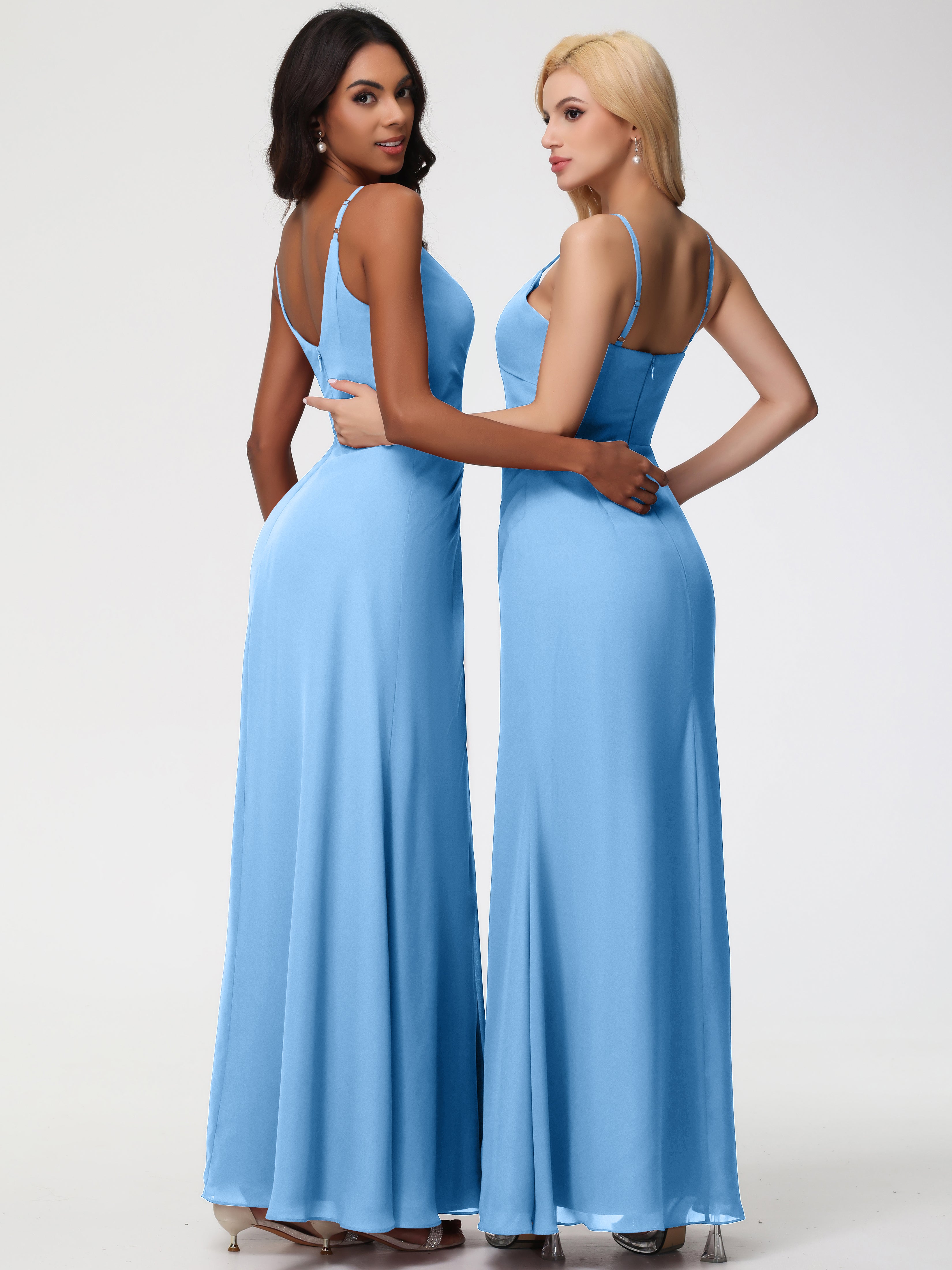 A-Line V-Neck Sleeveless Spaghetti Straps Pleats Chiffon Bridesmaid Dresses With Split