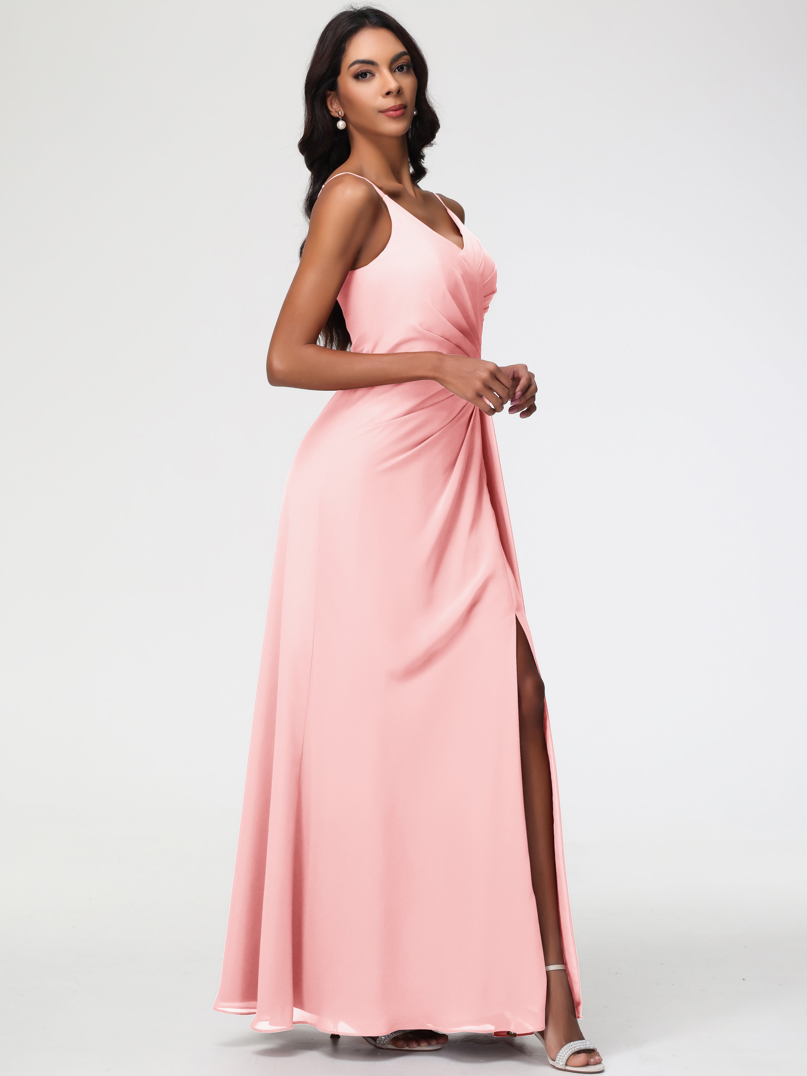 A-Line V-Neck Sleeveless Spaghetti Straps Pleats Chiffon Bridesmaid Dresses With Split