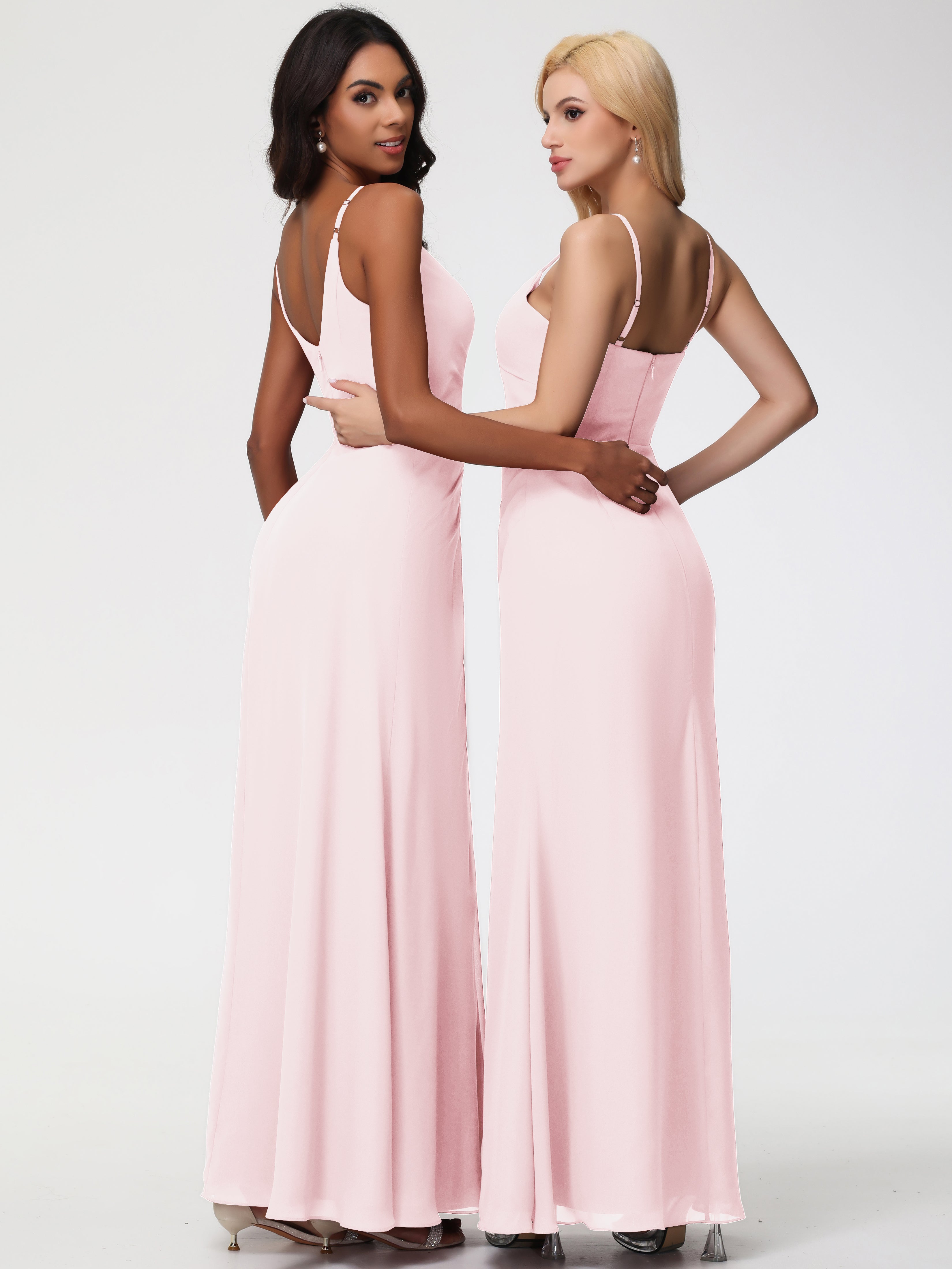 A-Line V-Neck Sleeveless Spaghetti Straps Pleats Chiffon Bridesmaid Dresses With Split