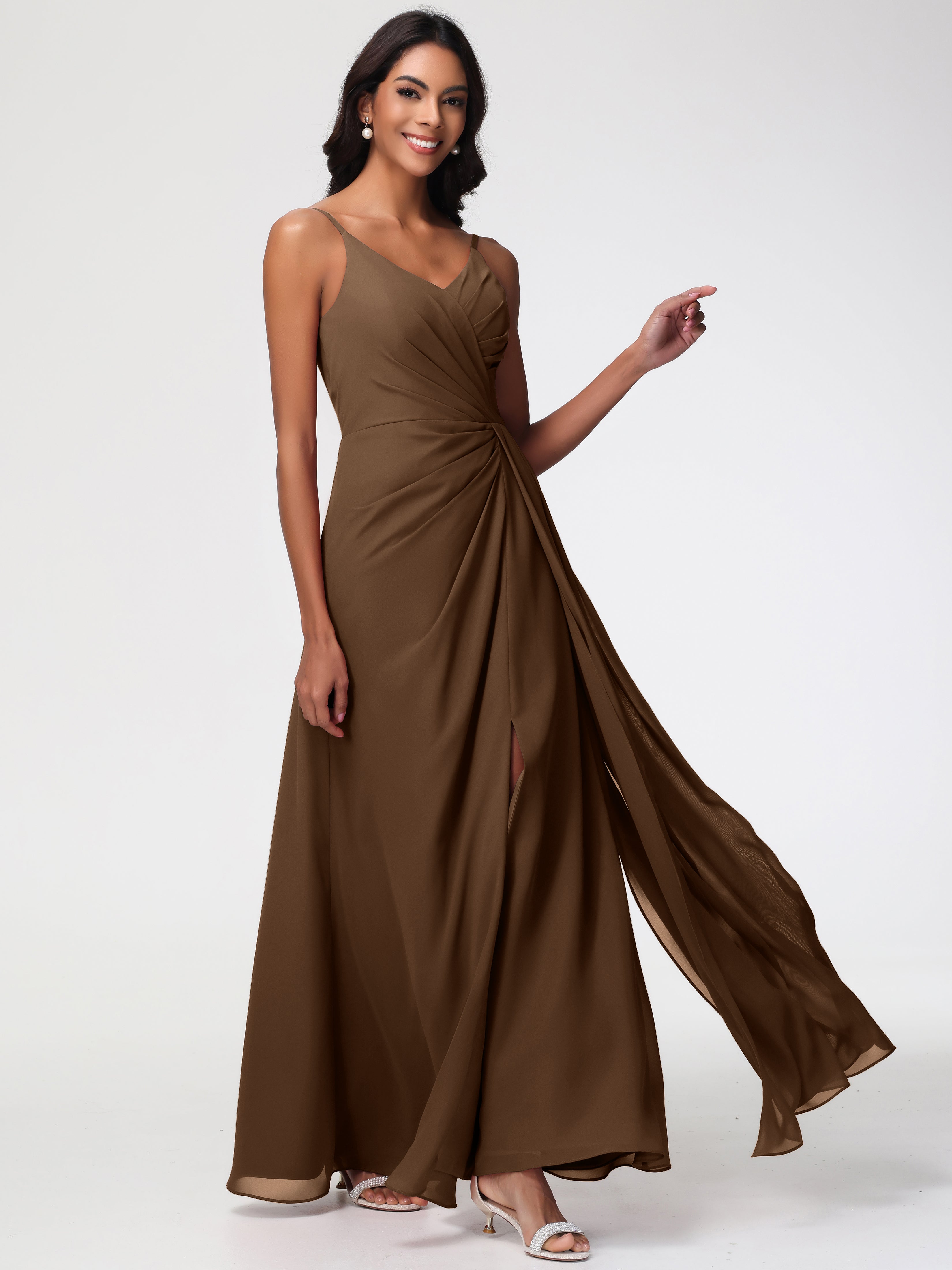 A-Line V-Neck Sleeveless Spaghetti Straps Pleats Chiffon Bridesmaid Dresses With Split