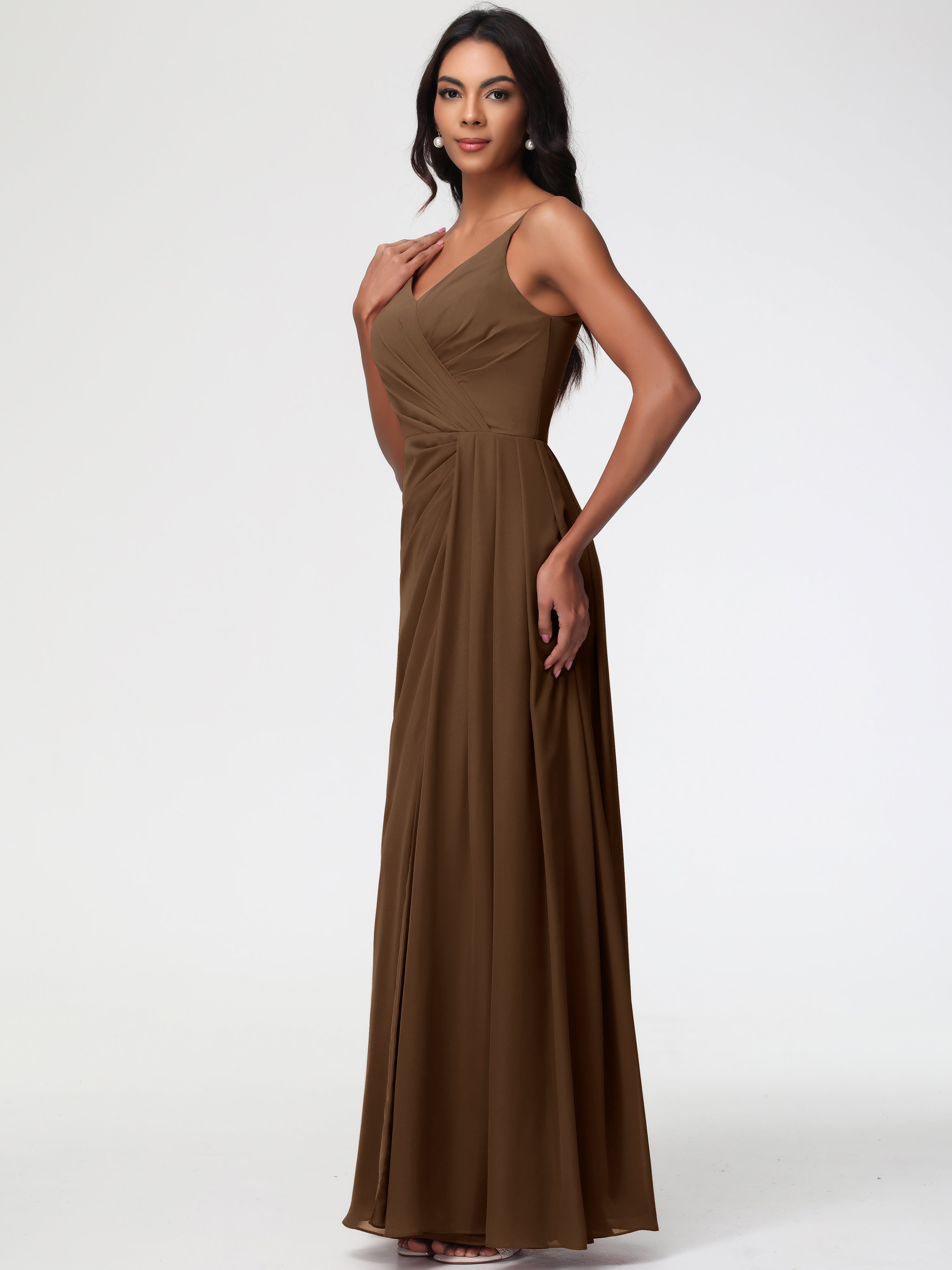 A-Line V-Neck Sleeveless Spaghetti Straps Pleats Chiffon Bridesmaid Dresses With Split