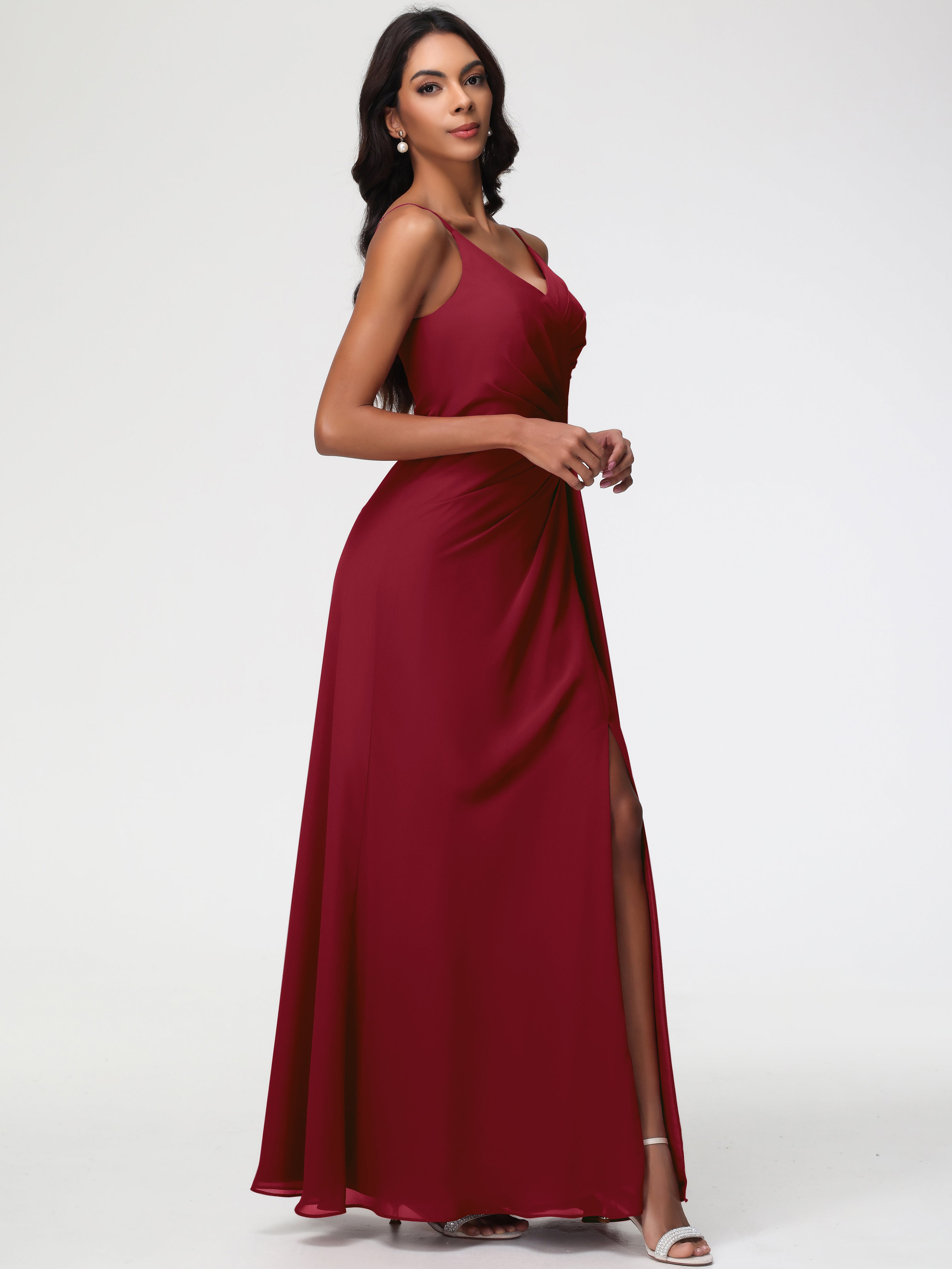 A-Line V-Neck Sleeveless Spaghetti Straps Pleats Chiffon Bridesmaid Dresses With Split