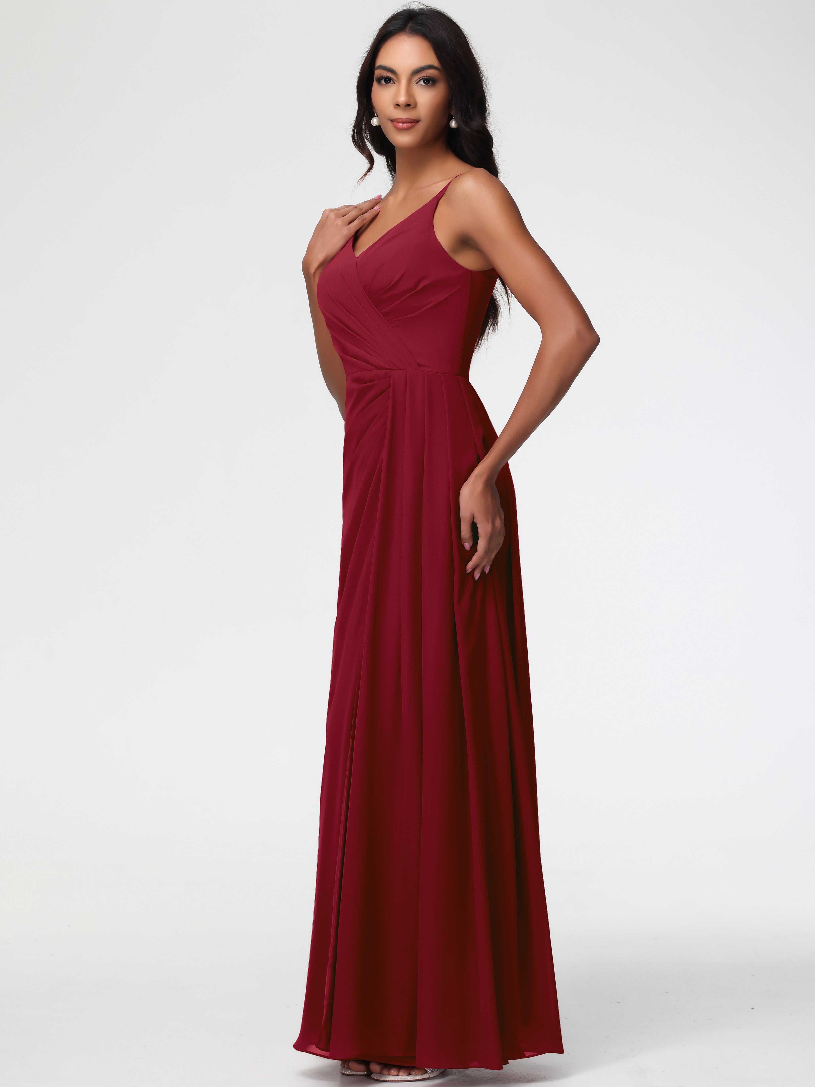A-Line V-Neck Sleeveless Spaghetti Straps Pleats Chiffon Bridesmaid Dresses With Split