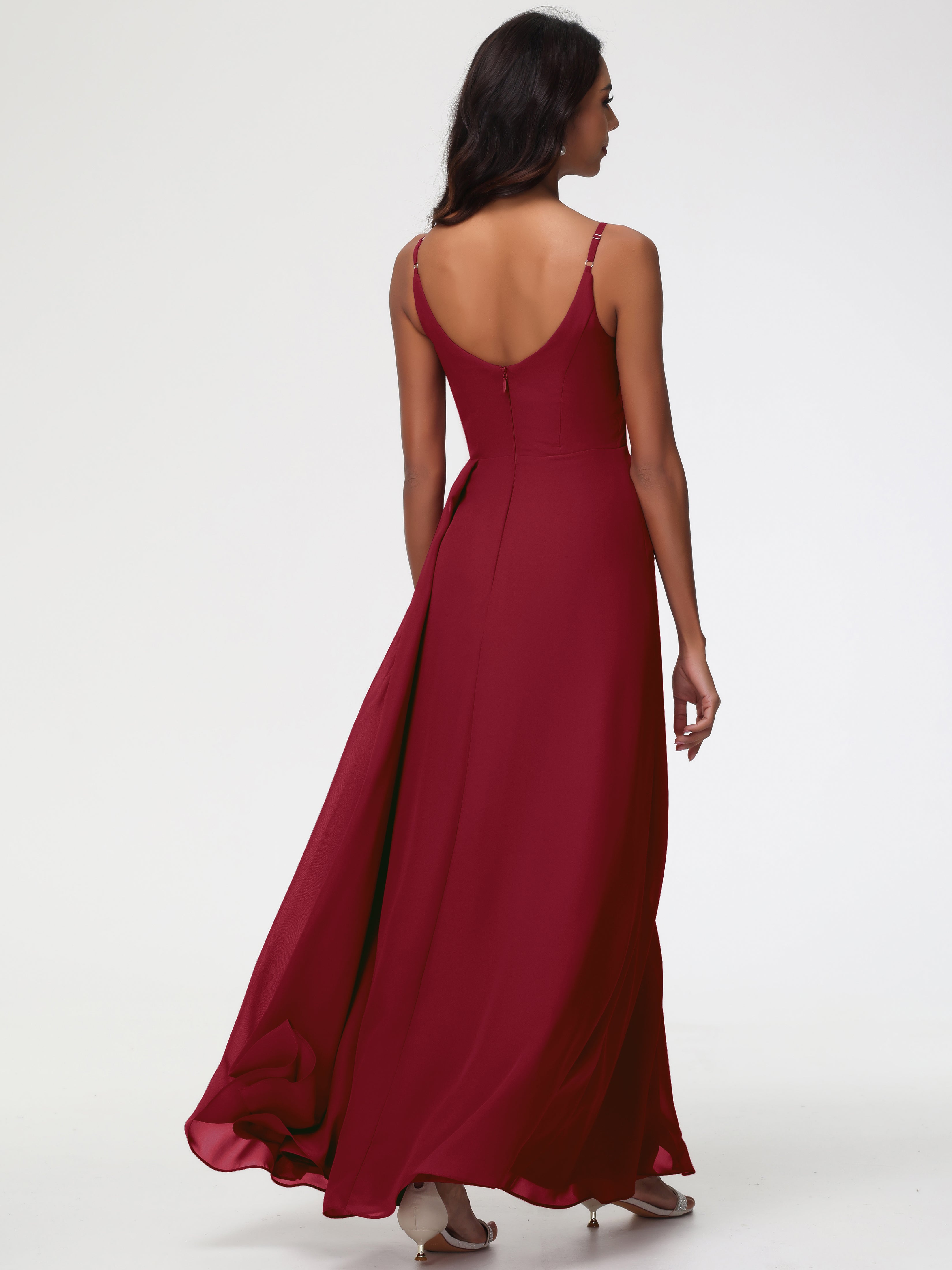 A-Line V-Neck Sleeveless Spaghetti Straps Pleats Chiffon Bridesmaid Dresses With Split