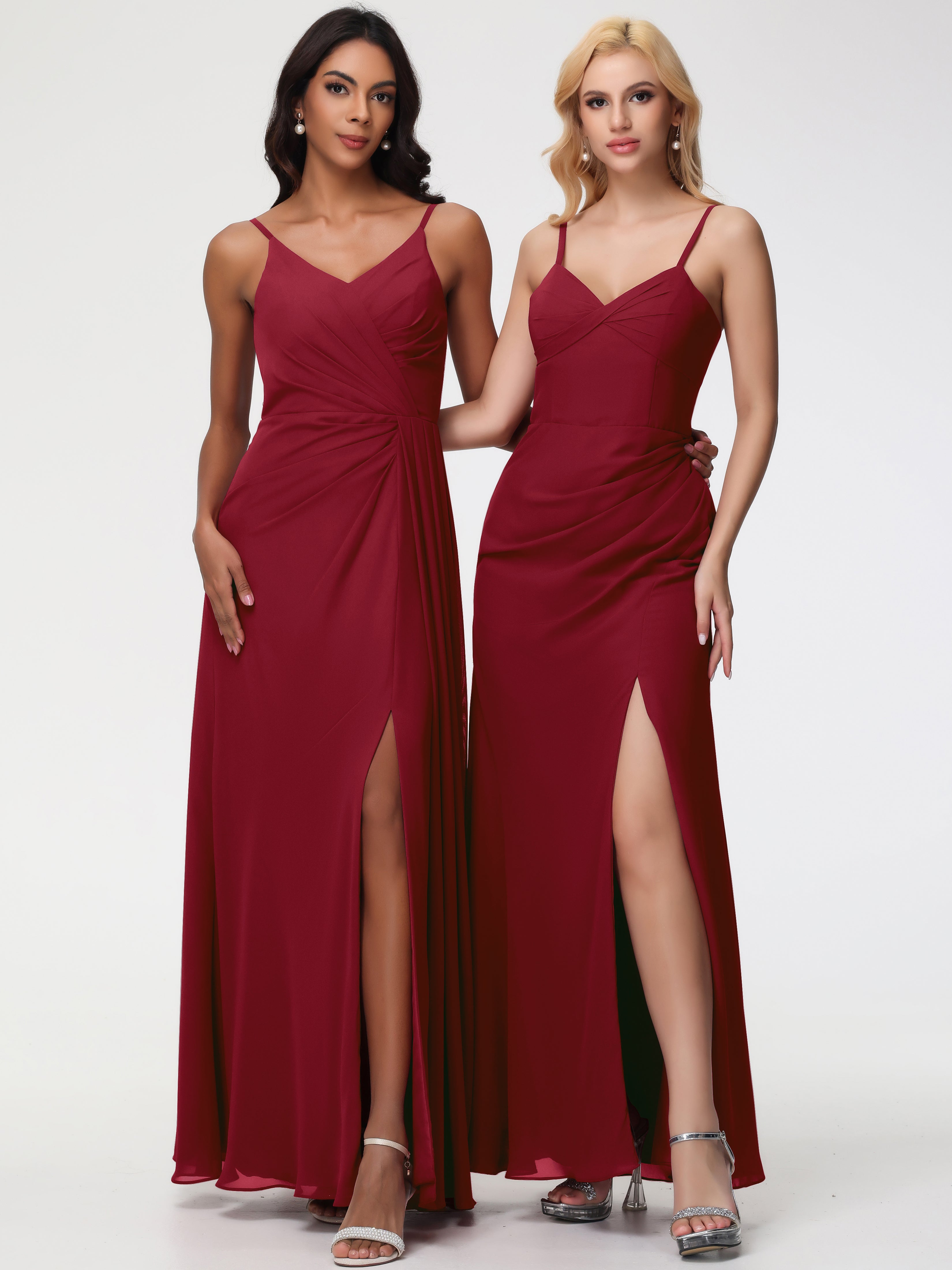 A-Line V-Neck Sleeveless Spaghetti Straps Pleats Chiffon Bridesmaid Dresses With Split