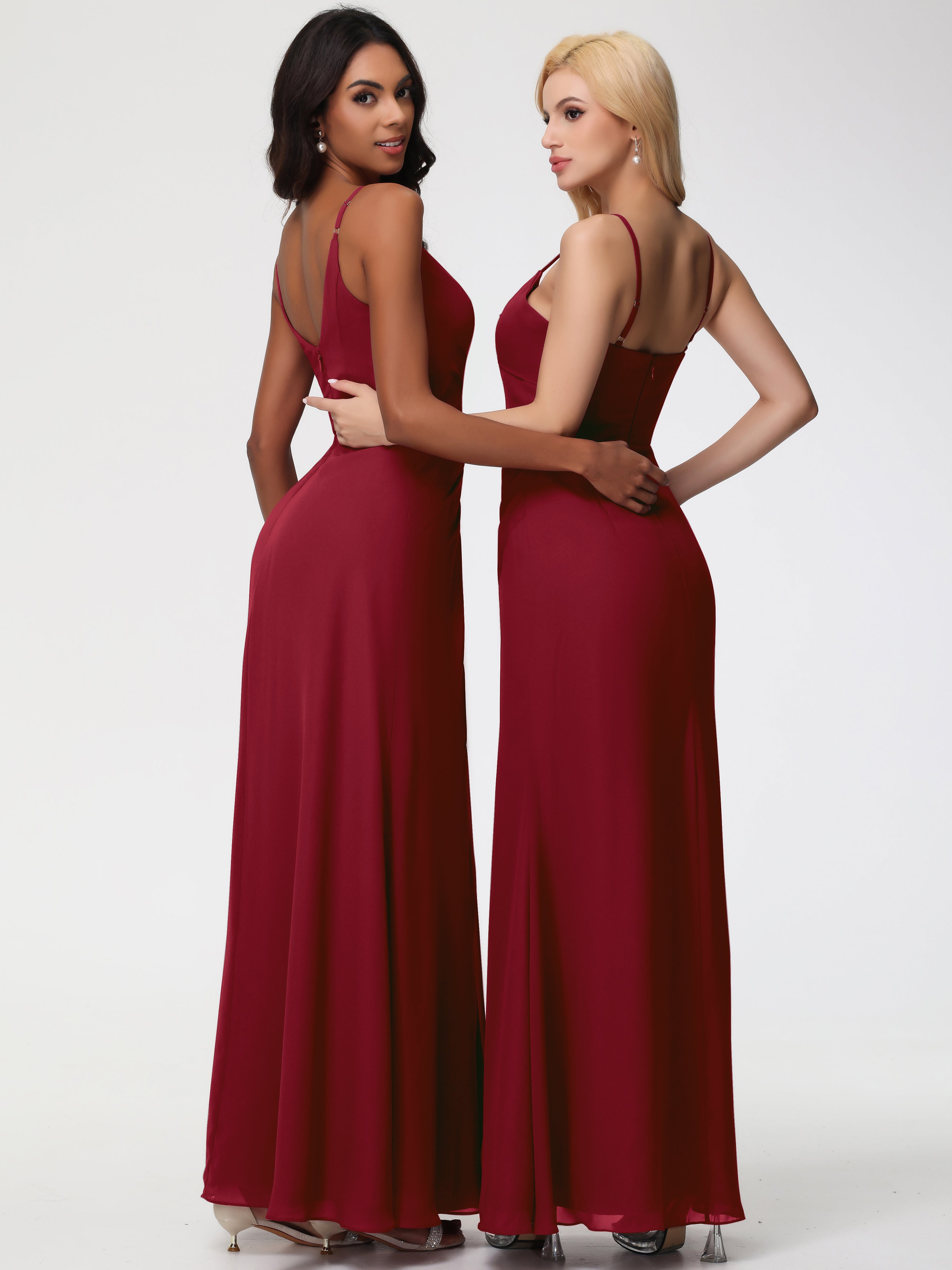 A-Line V-Neck Sleeveless Spaghetti Straps Pleats Chiffon Bridesmaid Dresses With Split