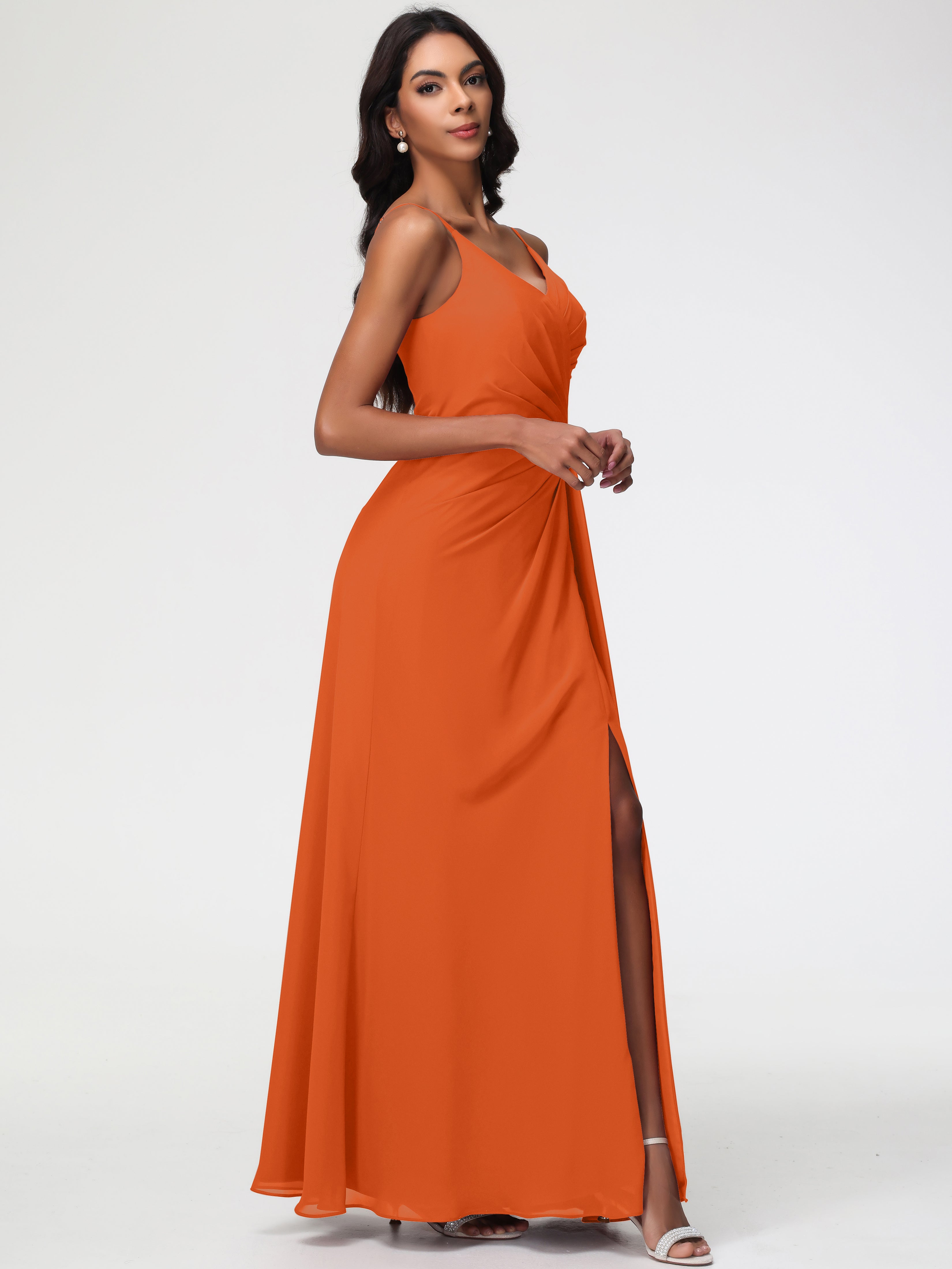A-Line V-Neck Sleeveless Spaghetti Straps Pleats Chiffon Bridesmaid Dresses With Split