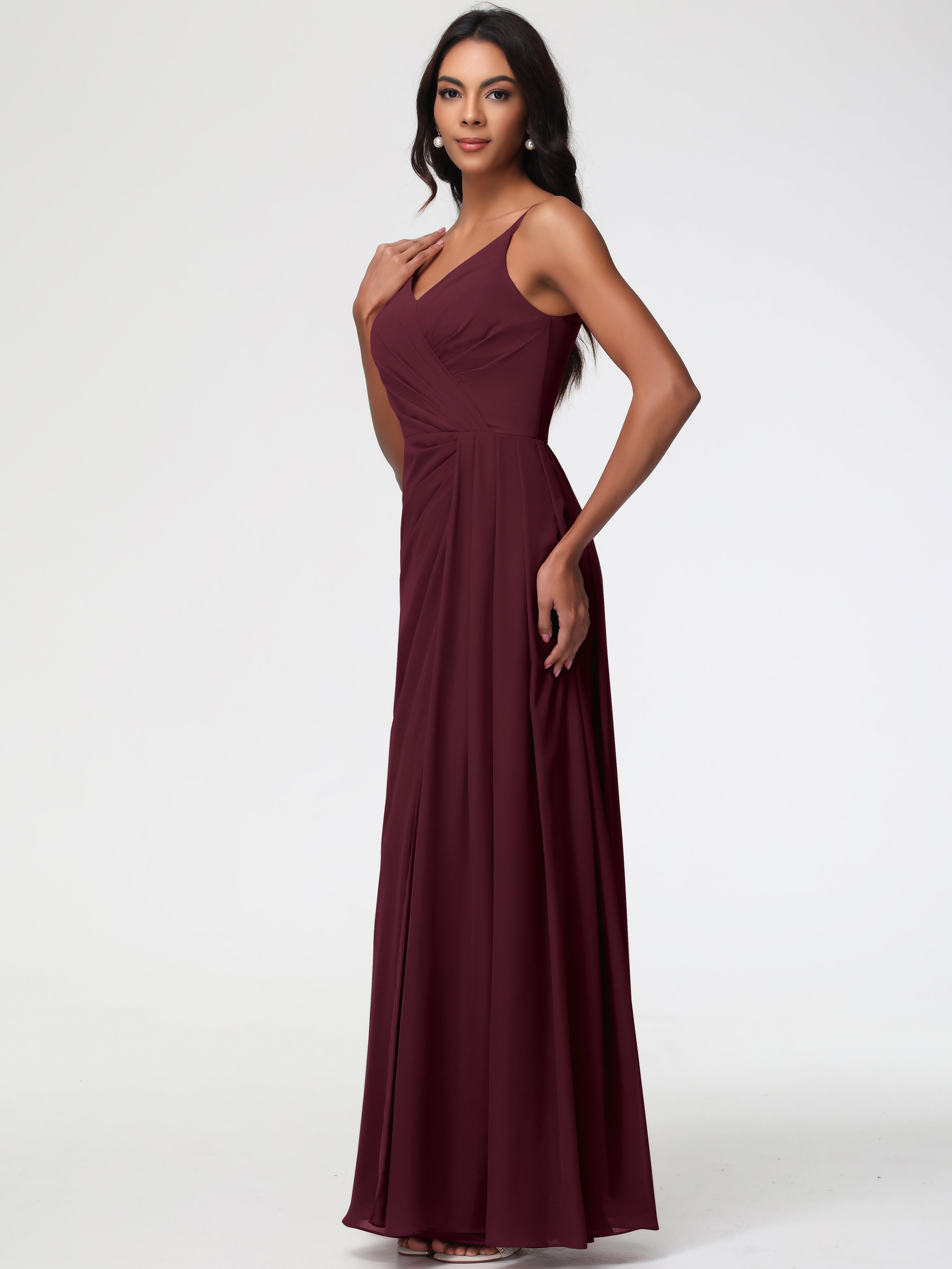 A-Line V-Neck Sleeveless Spaghetti Straps Pleats Chiffon Bridesmaid Dresses With Split
