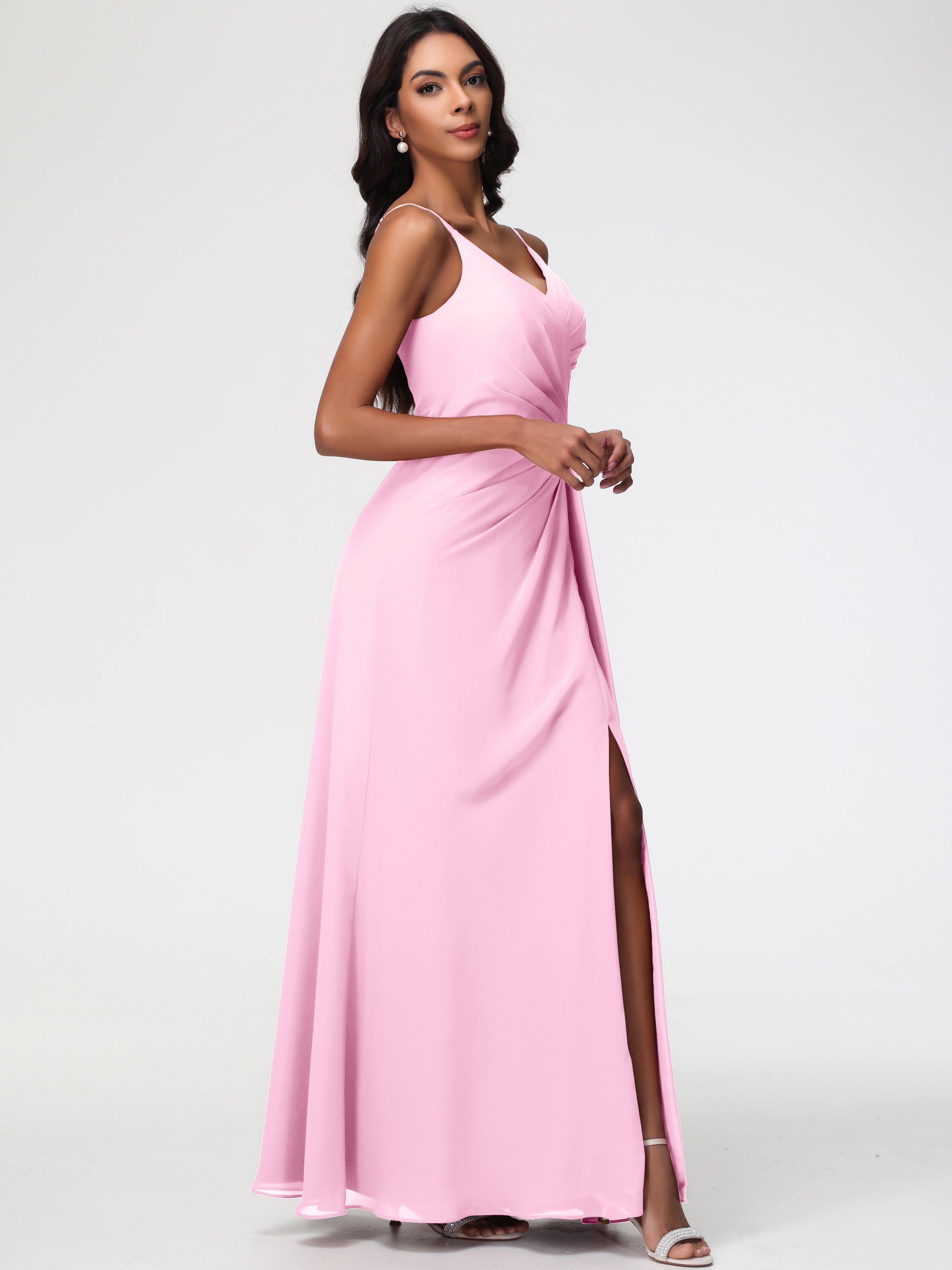 A-Line V-Neck Sleeveless Spaghetti Straps Pleats Chiffon Bridesmaid Dresses With Split