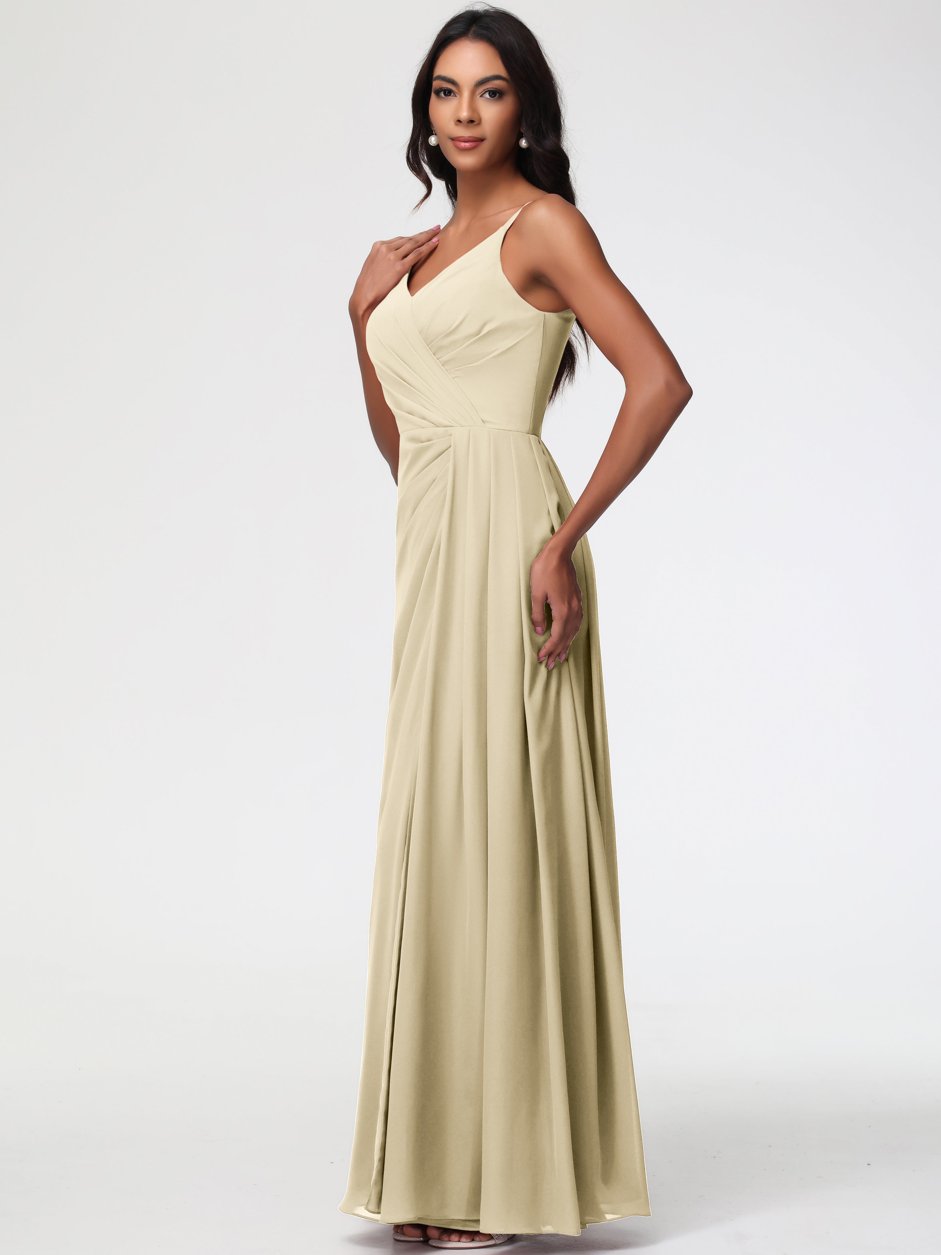 A-Line V-Neck Sleeveless Spaghetti Straps Pleats Chiffon Bridesmaid Dresses With Split